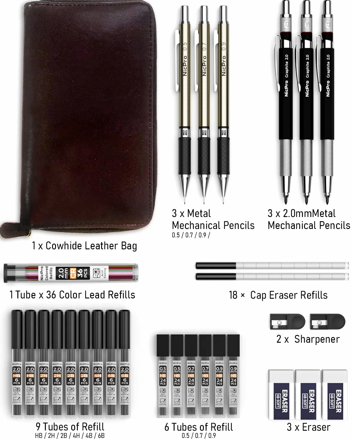 Nicpro 6 Piezas Lápices Mecánicos arte en Estuche Cuero, 0,5mm 0,7mm 0,9mm y 3 piezas 2 mm Portaminas con Recarga minas de Lápiz 16 Tubos (Negro 6B 4B 2B HB 2H 4H y Colores Minas)