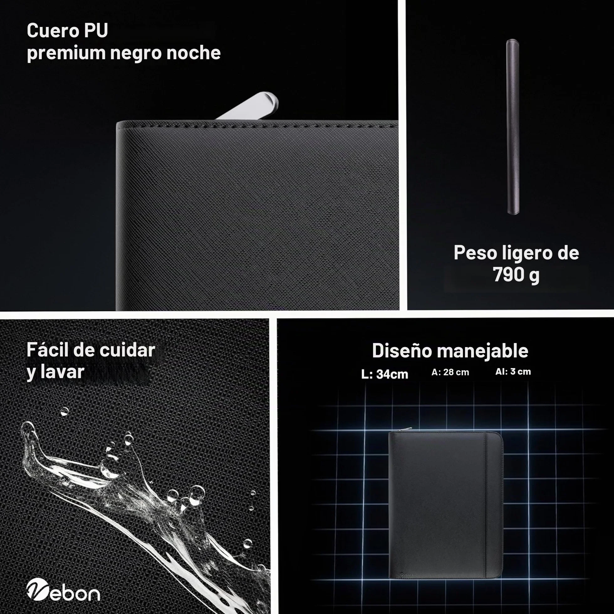 Vebon London Carpeta para documentos, tamaño A4, piel vegana, con cremallera, 2 en 1, carpeta y bolso para portátil, soporte para smartphone, negro