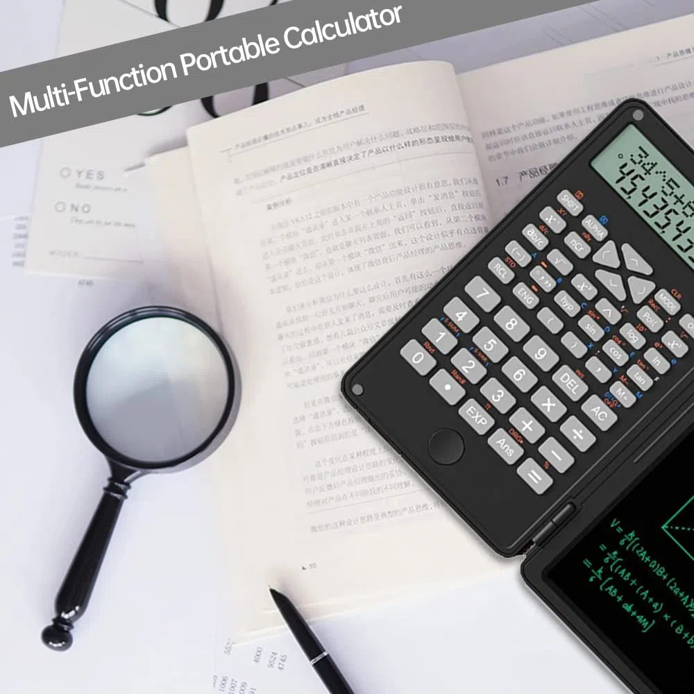 Calculadora científica con tableta de escritura, calculadora profesional plegable de bolsillo, calculadora estándar con bloc de escritura LCD borrable para oficina, hogar, escuela, negocios (azul)