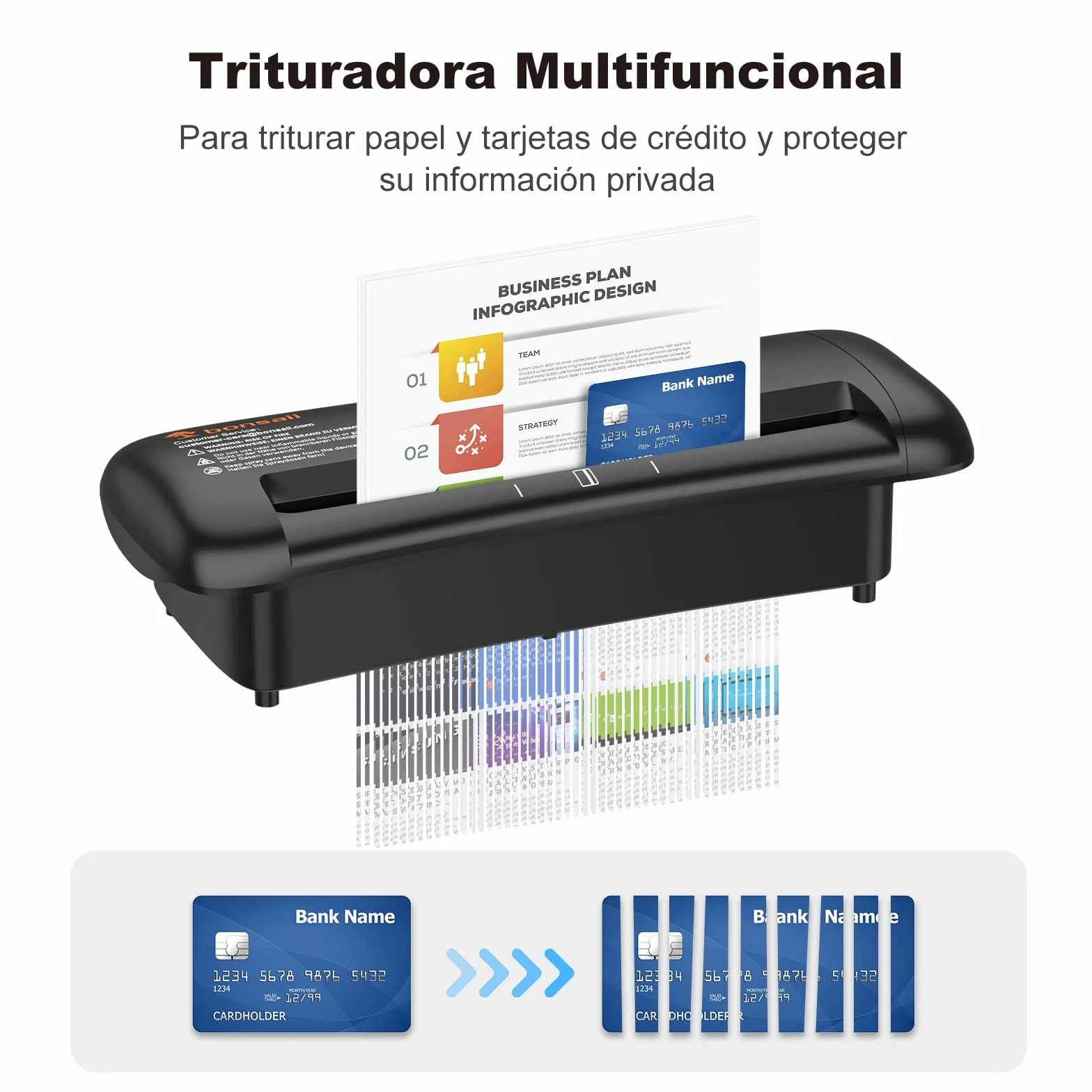 Bonsaii Trituradora de Papel, Corte en Tiras de 6 mm, hasta 6 Hojas, Compatible con Papeleras de 28-42 cm, Destruye Papel y Tarjetas de Crédito, Protección contra Sobrecalentamiento, Compacta S119-A
