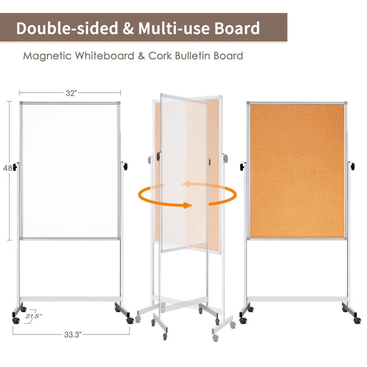 Tablero de anuncios de corcho móvil y pizarra blanca de 32 x 48 pulgadas, combo de tablero de corcho magnético de borrado en seco, pizarra blanca de doble cara ajustable con soporte para hogar,