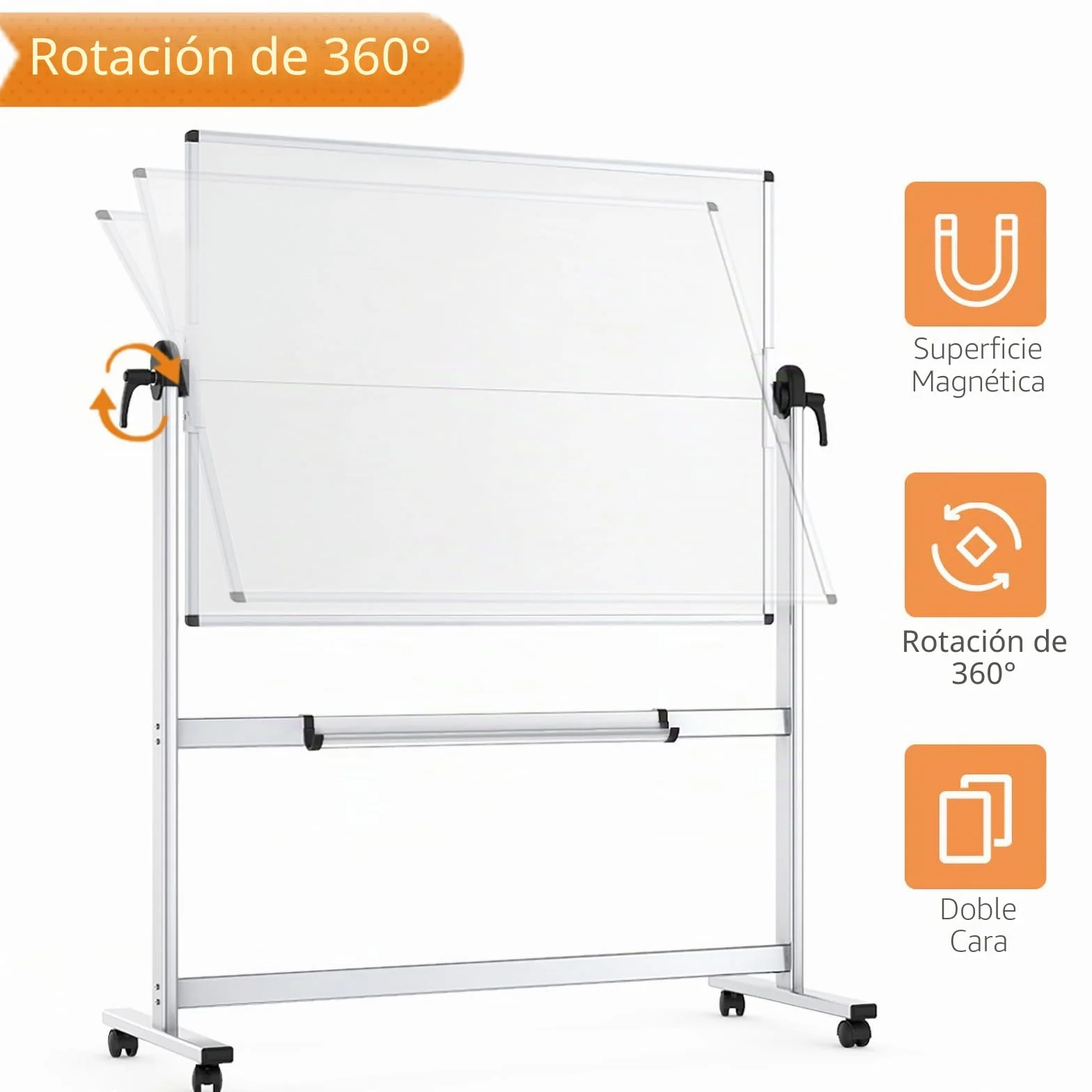 VIZ-PRO Pizarra blanca móvil magnética de doble cara 120x90 cm con ruedas marco de aluminio