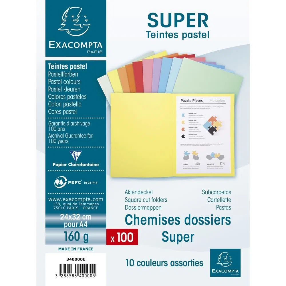Exacompta 340000E - Lote de 100 Subcarpetas Super 180, Colores Surtidos