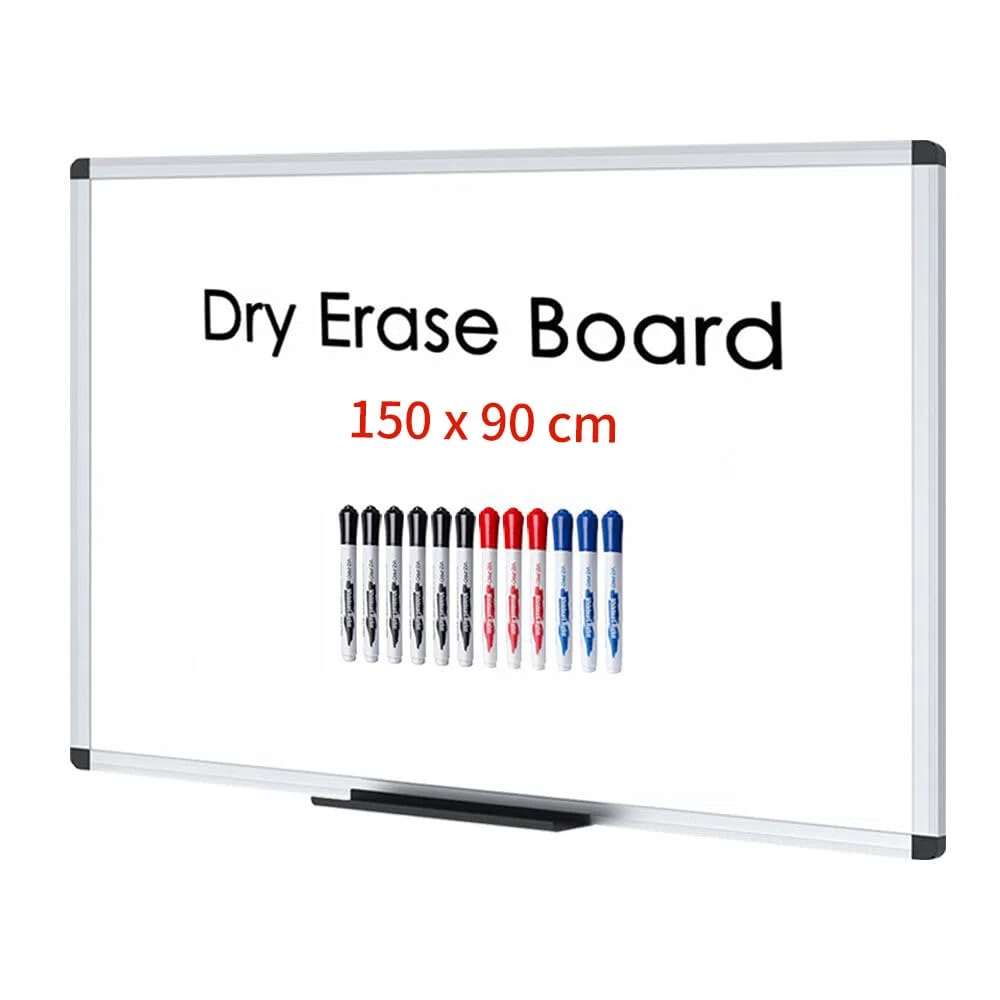 VIZ-PRO Pizarra blanca grande 150 x 90 cm, magnética con marco de aluminio, ideal para oficina, escuela y hogar, Incluye 12 rotuladores