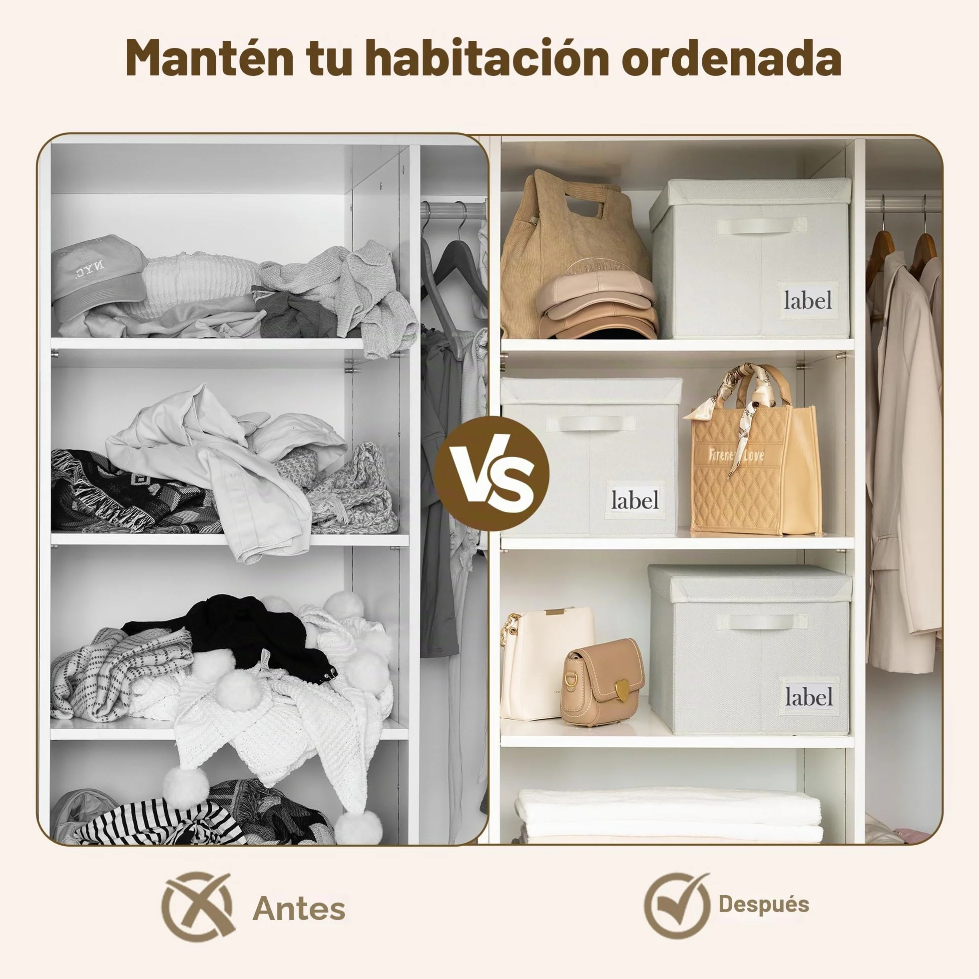 GRANNY SAYS Contenedores de tela con tapas, organizador de estantes para armario, color blanco perla, paquete de 3