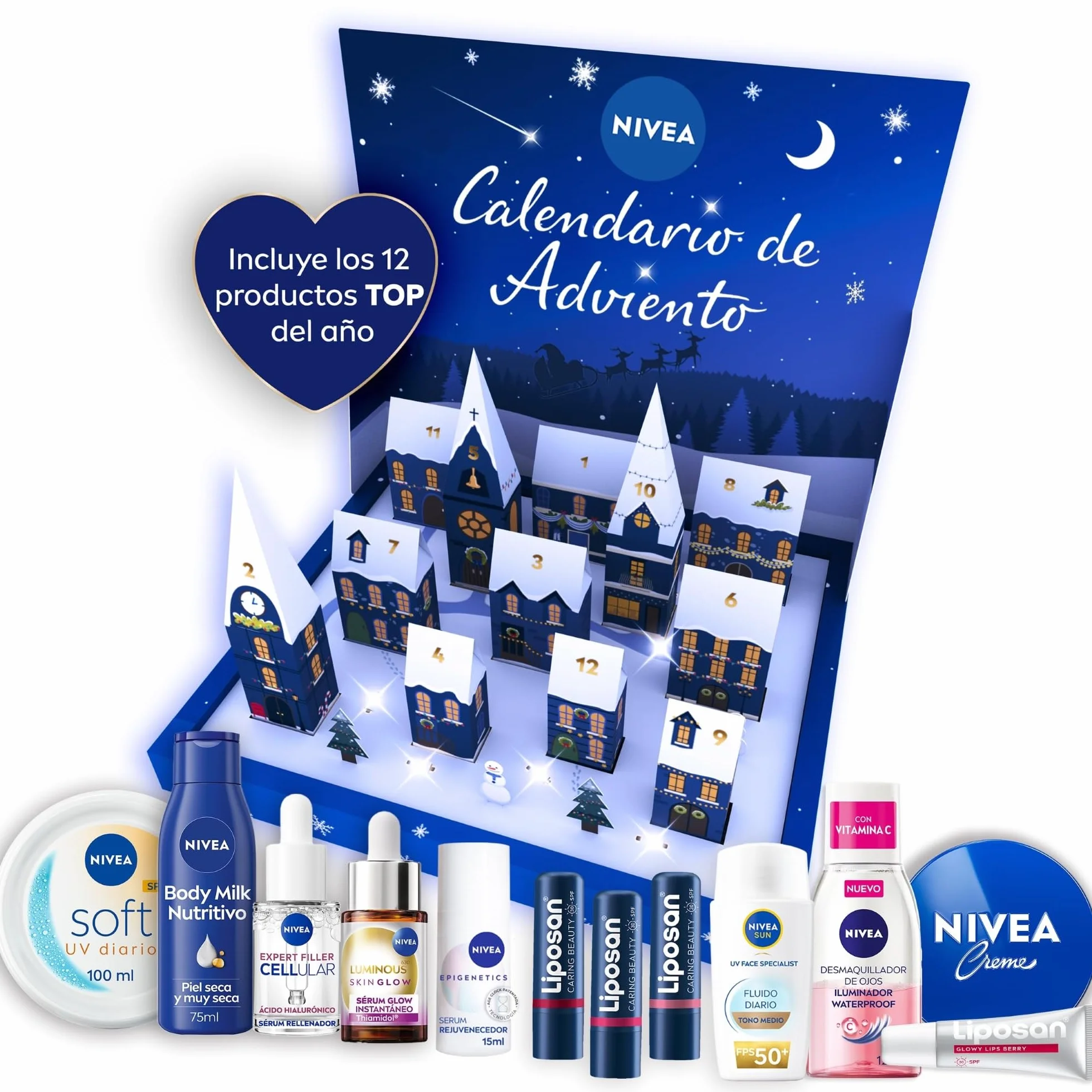 NIVEA Premium Calendario de Adviento 2025, Set de regalo con 12 productos esenciales con cosméticos y accesorios - Piel seca, mixta, normal - 12 unidades