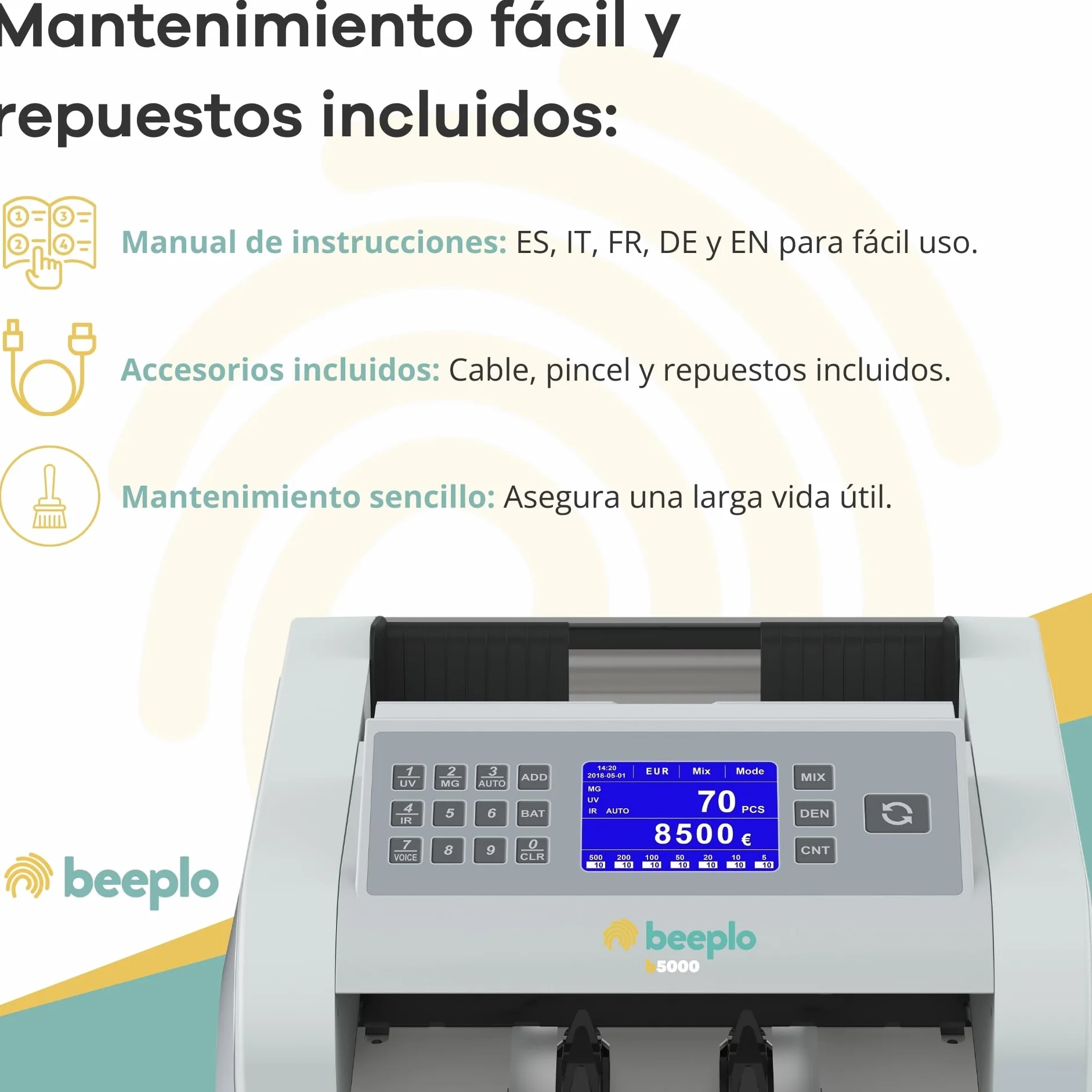 b5000 | Contadora Totalizadora de Billetes EUR | 5 Sistemas de Detección Automática | Precisión Total | Garantía 4 Años