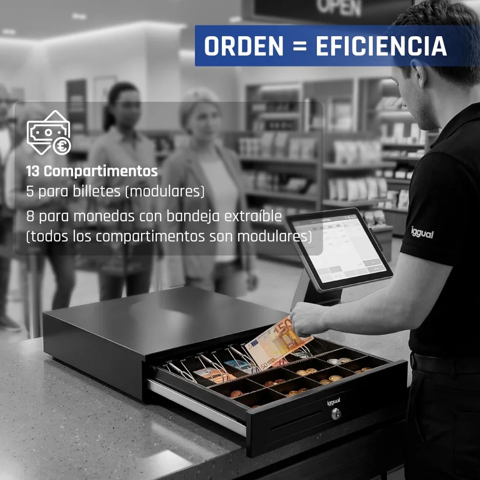 iggual - Cajón Portamonedas IRON-70 -Caja Efectivo Registradora Manual o Automática para 5 Billetes y 8 Moneda -Cerradura 3 Posiciones -Material Acero+Plástico -Uso profesional -Negro (44,5x42,5x 9)