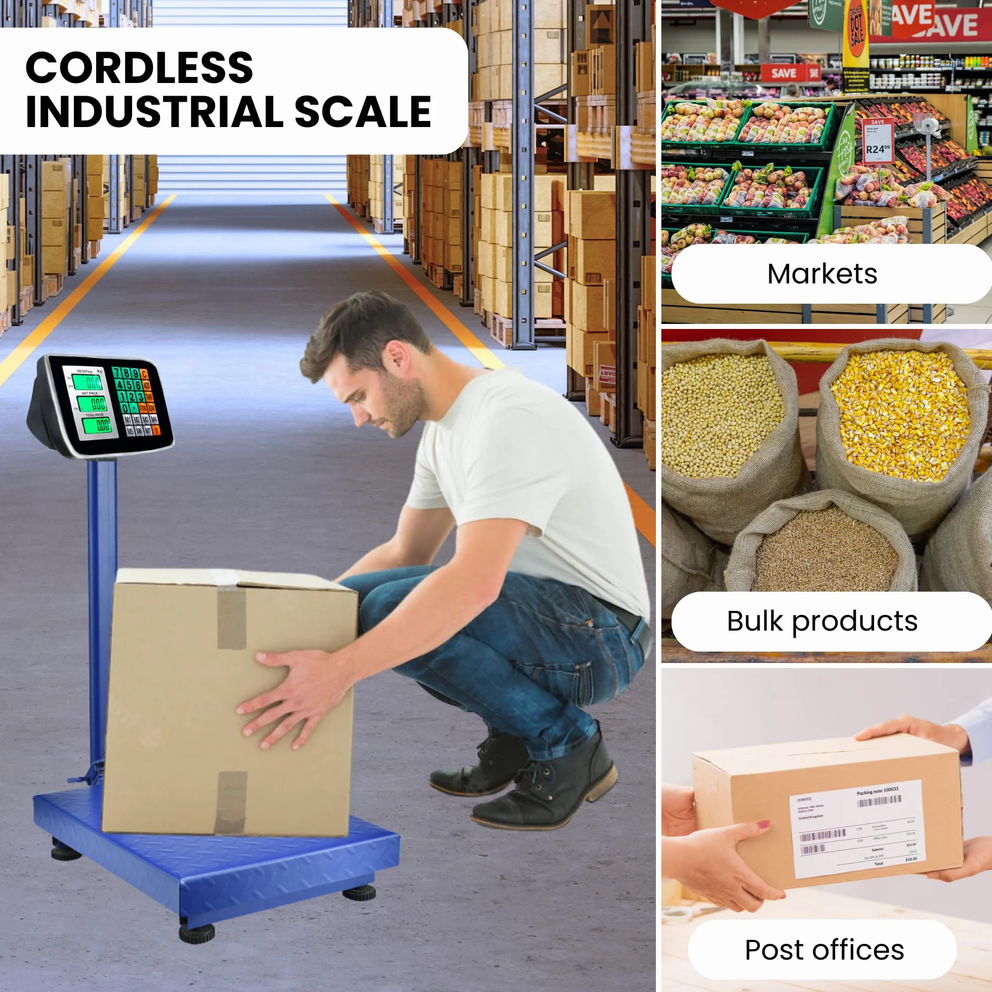Báscula Industrial de Plataforma 300 kg. Balanza Digital Plegable con Pantalla LCD. Plataforma de Acero. Báscula Profesional Multifuncional, Perfecta para Paquetería, Almacenes, Comercios.
