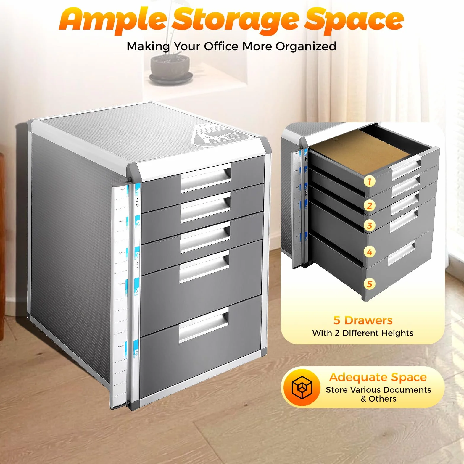 Caja de documentos con llave de 5 cajones, caja de archivos de aluminio A4, archivador de almacenamiento de oficina en casa, 2 alturas 5 cm, 10 cm, capacidad 10 kg, seguridad bloqueable, gris 35 x