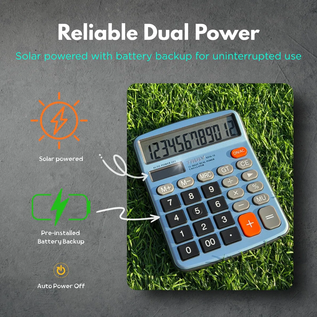 TRULY Calculadora de escritorio de 12 dígitos con pantalla grande, botones grandes, doble alimentación (solar + batería), acabado metálico, ideal para oficina, hogar, escuela - 837A Pro azul claro