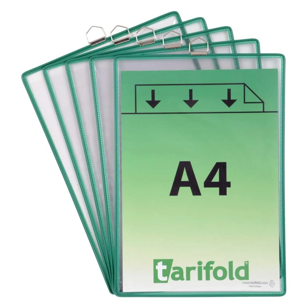 TARIFOLD Es 154505 - Pack de 5 Fundas Bolsas A4 porta-anuncios y documentos con anilla metálica para colgar, PVC marco resistente en acero, color Verde