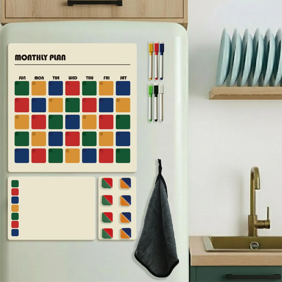 Calendario magnético, planificador mensual seco y juego de pizarra blanca semanal (paquete de 3) pizarra para nevera, para hacer comestibles, lista de compras, tabla de tareas, tabla de