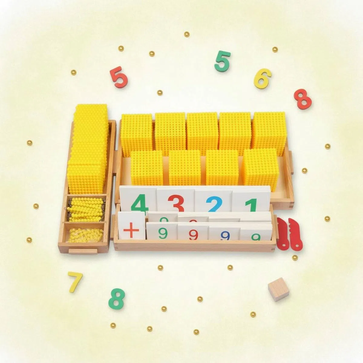Juego Aritmético para Niños Material Madera y con Tarjetas de Símbolos Tarjetas Numéricas y Bandejas Organizadas para Operaciones Básicas Adecuado, Amarillo, Amarillo