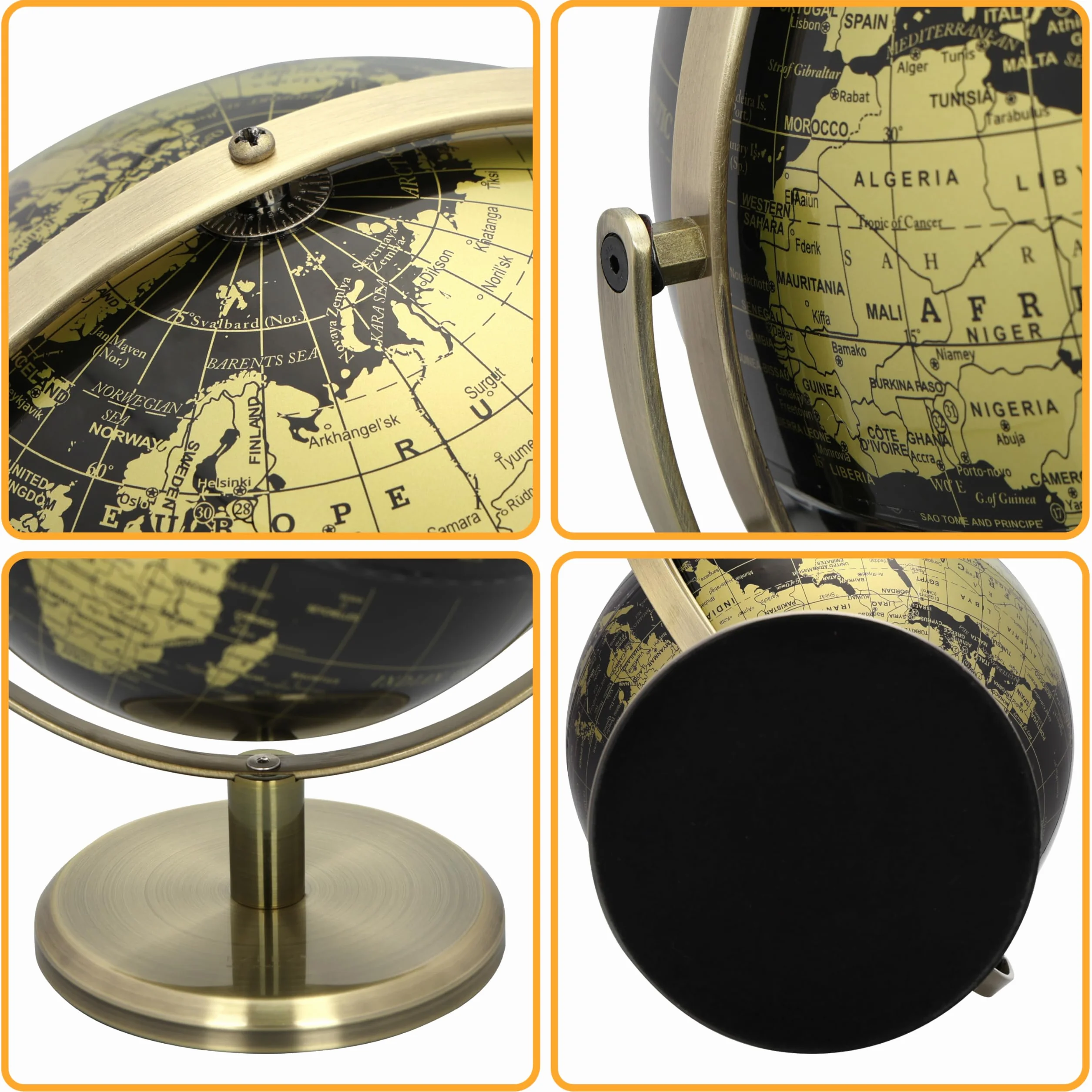 EXERZ Globo de 20 cm, color negro y dorado, rotación de 360 grados en todas las direcciones, World Globe Educational Geographic, arco y base de bronce, mapa inglés.