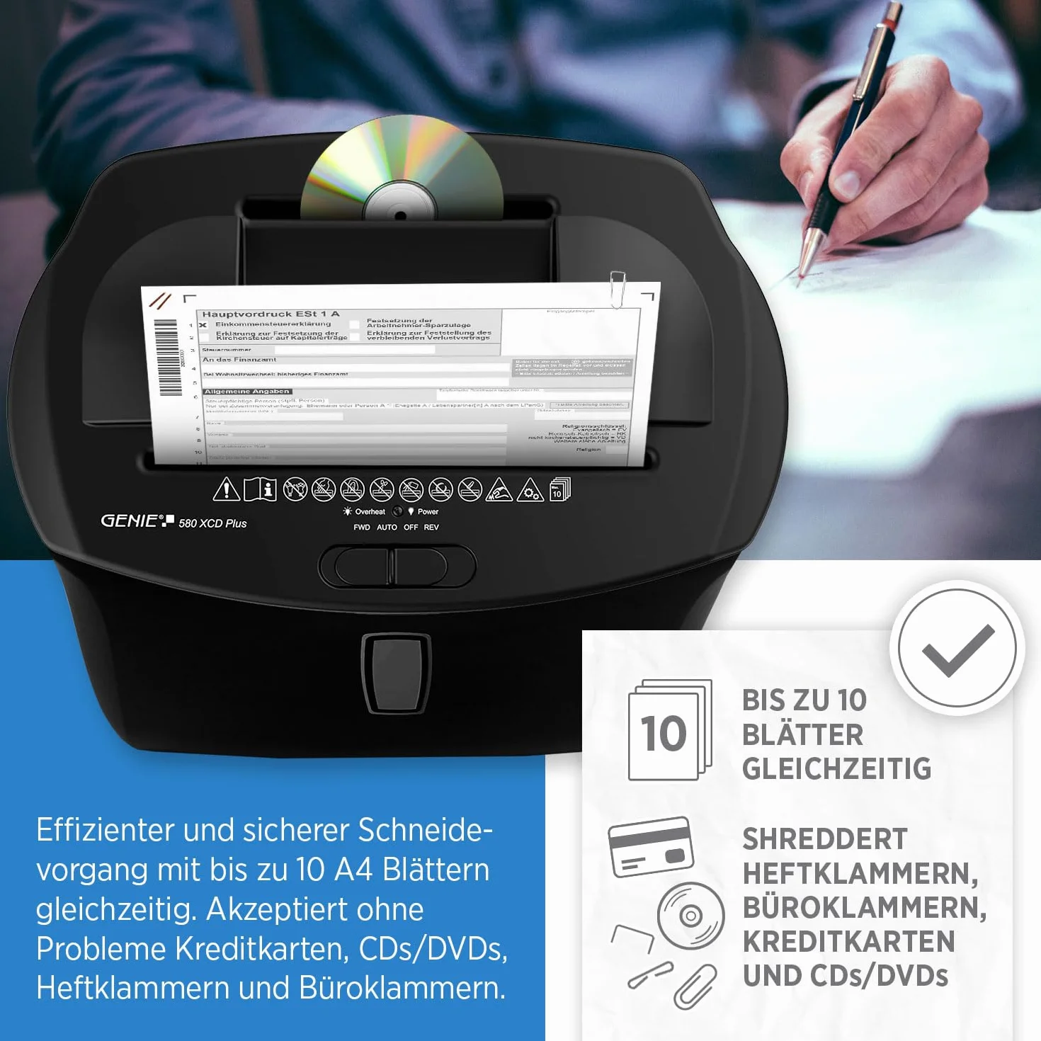 Genie 580 XCD Plus - Destructora de Documentos, Corte Transversal, Capacidad para 10 Hojas, Destrucción de CD, Contenedor de Residuos de 21 litros, Nivel de Seguridad P4, Negro