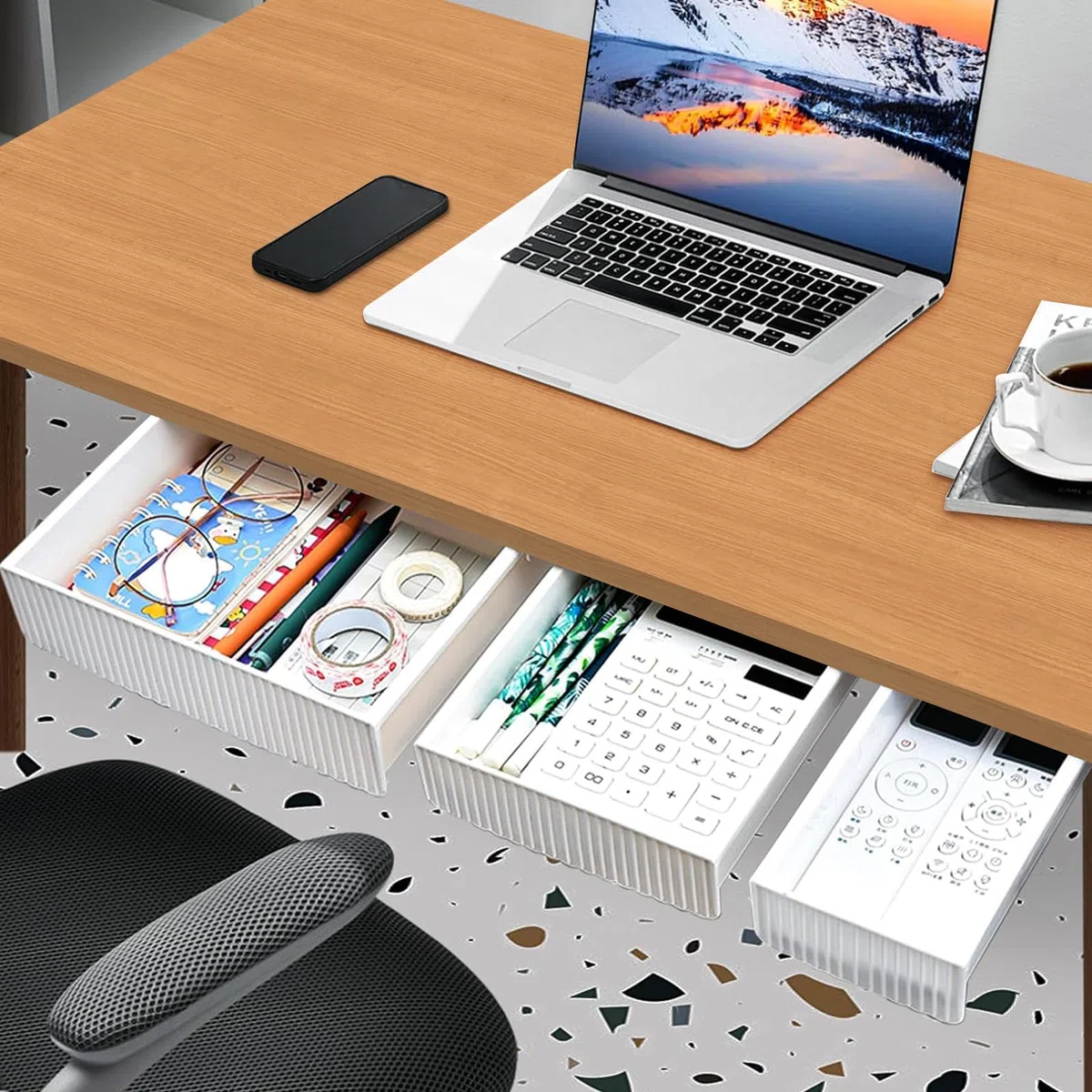 Cajón Debajo del Escritorio, Cajón Oculto Autoadhesivo,Organizador para Cajón Debajo del Escritorio,Cajon Escritorio Bajo Mesa,Adecuado para escuelas, cocinas, hogares y oficinas(3pcs)