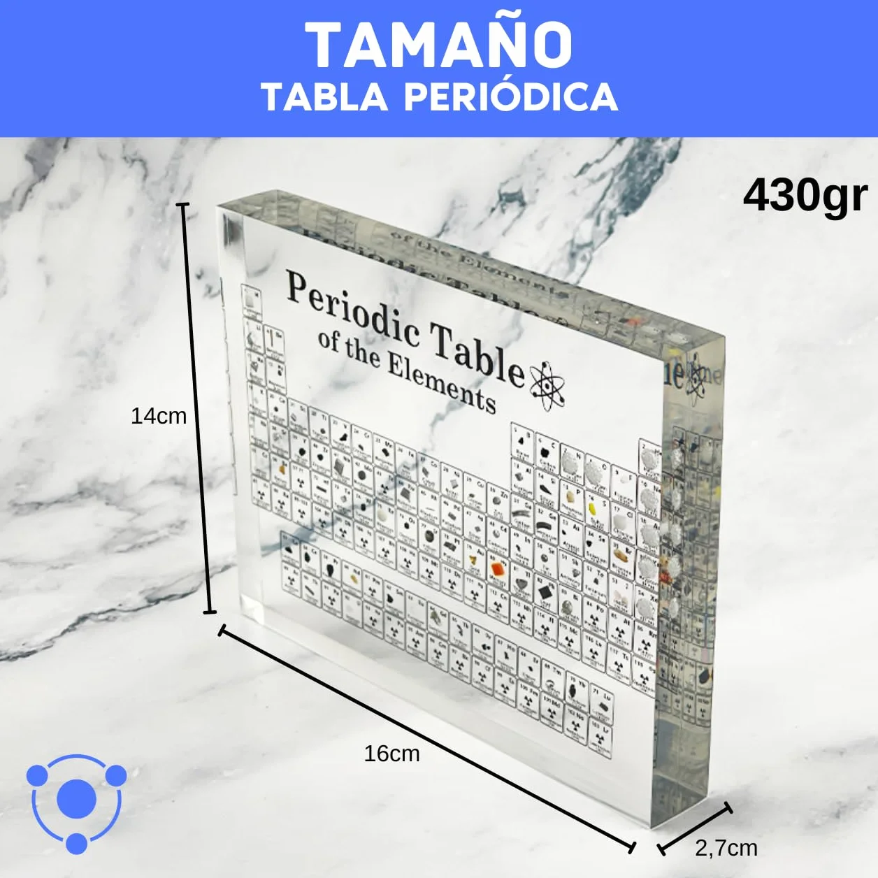 Tabla Periódica con Elementos Reales (16 x 12 x 2,7) - Tabla Acrílica Moderna de Resina con 118 Elementos - Poster 3D Metacrilato Educativo - Regalo Química para alumnos, profesores, aulas… (SIN BASE)