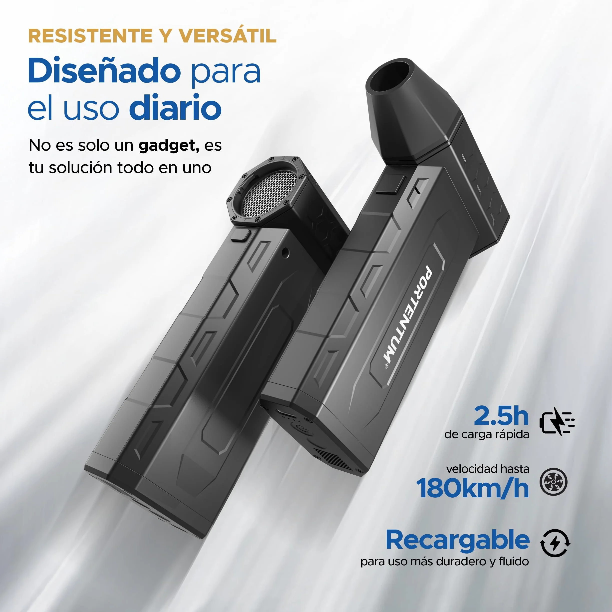 PORTENTUM 3 en 1 Soplador de aire potente 180 km/h – Aspirador coche potente 25 kPa – Linterna LED doble – Set de 25 que incluye 6 boquillas y 13 cepillos – Pistola aire comprimido hasta 115 min