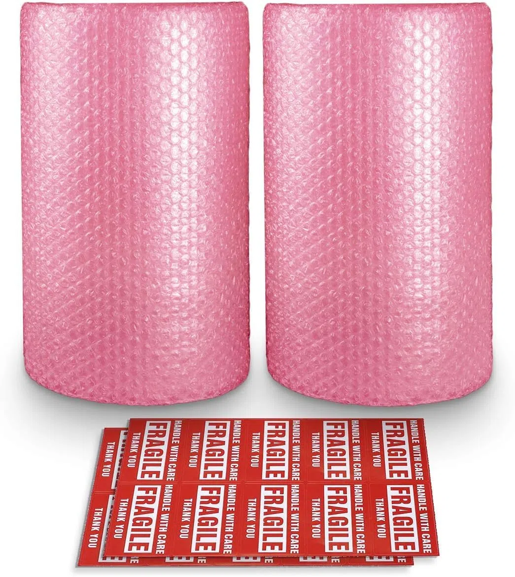 Pacific Mailer 2 rollos de papel de burbujas antiestático, 3/8 pulgadas x 17 pulgadas x 66.8 pies en total [2 rollos de 10 pies] perforados cada 12 pulgadas, 20 calcomanías frágiles para embalaje