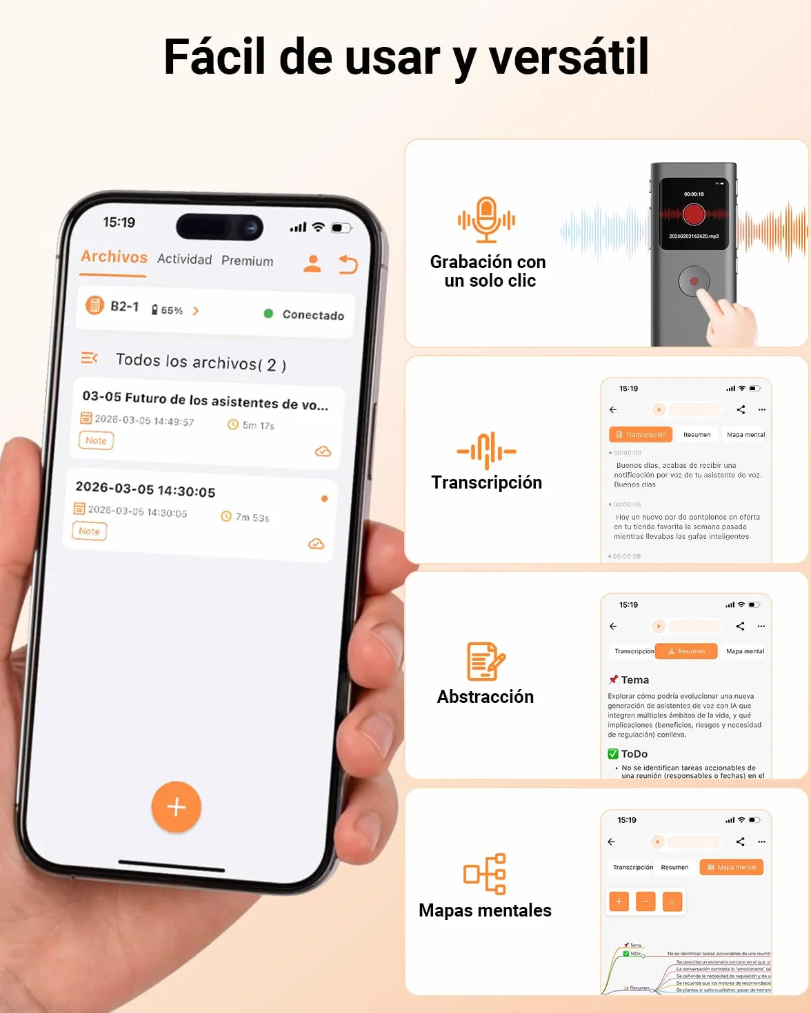 Grabadora de Voz IA 64 GB con Transcribe y Resume, Activada por Voz, Control de App, Reducción de Ruido Automática