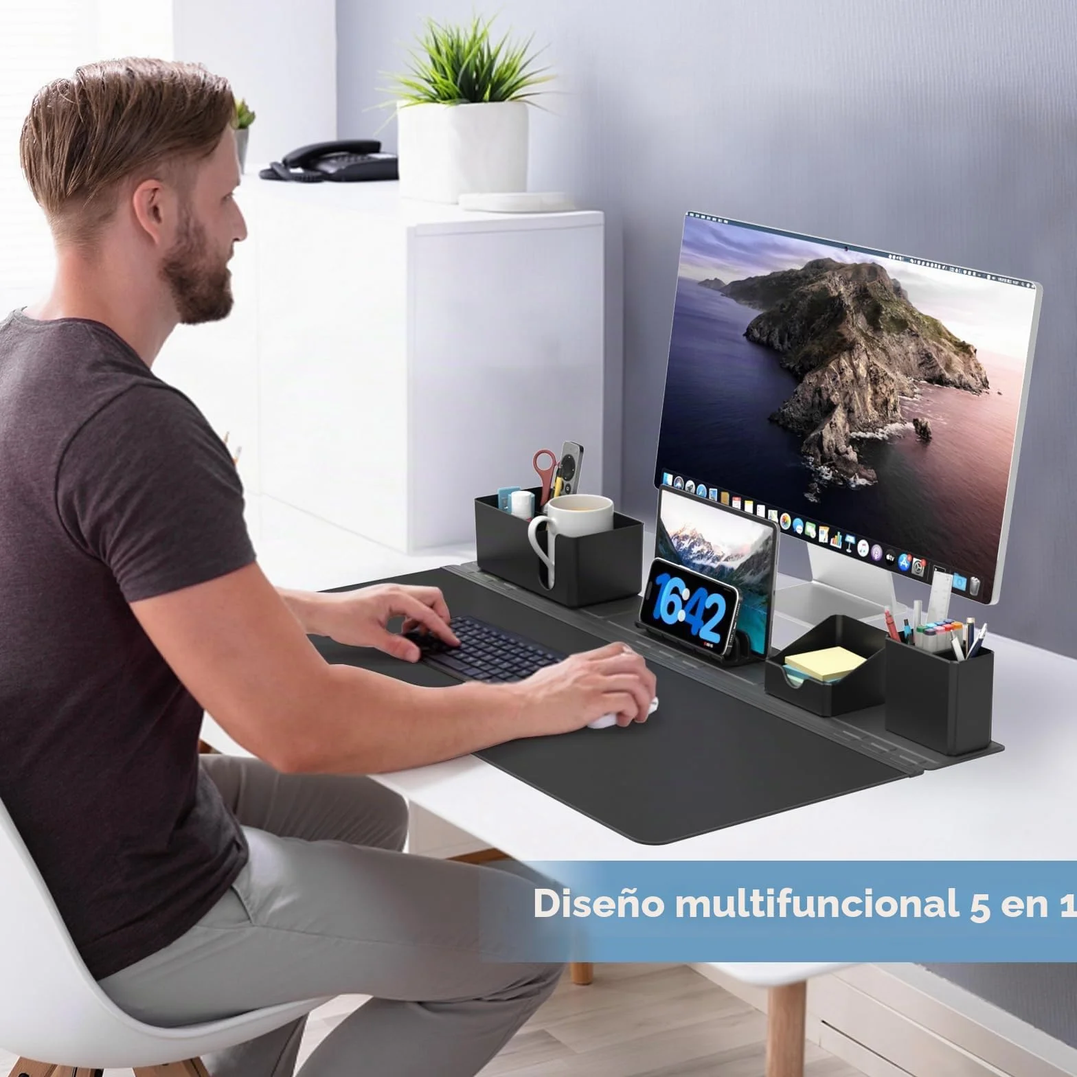KDD Almohadilla Escritorio Grande con Set de Organizador Magnético, 5 en 1 Alfombrilla Ratón XXL & Mouse Pad Gaming con Teléfono/Portavasos/Portabolígrafos/Tarjetero DIY Oficina Hogar(80x34.5cm)