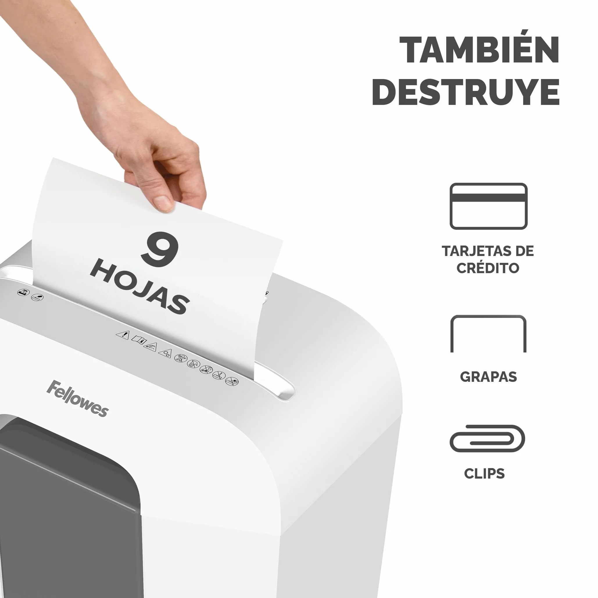Fellowes Destructora FS-9C - Trituradora de Papel, Corte en partículas, destruye hasta 9 Hojas, Uso Personal, Papelera 17L - Seguridad DIN-P4, Bloqueo de Seguridad - Blanco