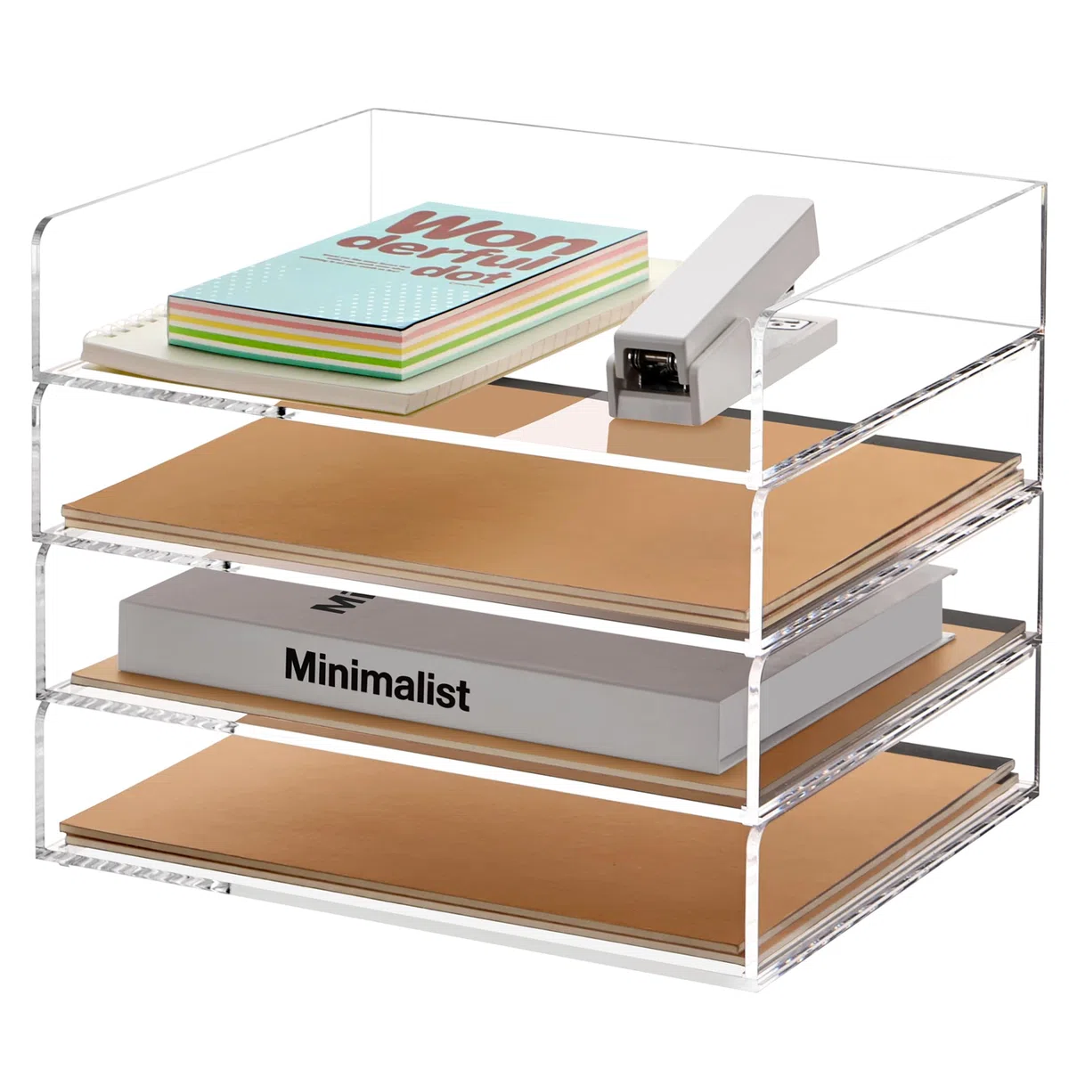SANRUI Bandeja apilable de acrílico para Cartas, Bandeja de Papel Transparente, Organizador de Escritorio de 4 Niveles, Organizador de Archivos de Escritorio, Bandeja de Estante de Documentos para