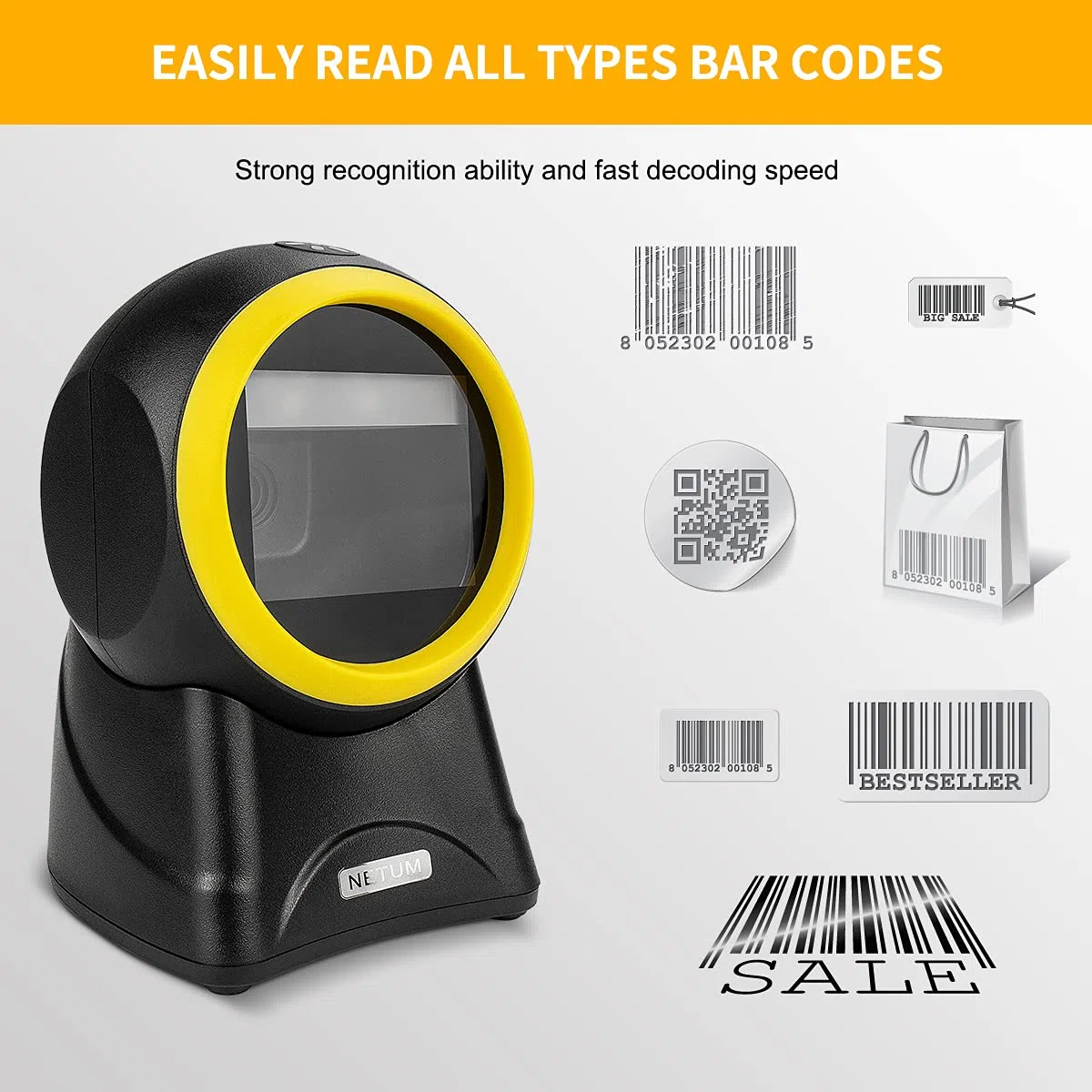 NetumScan Escáner de Código de Barras Omnidireccional USB Manos Libres 2D para Pago Móvil Pantalla de Computadora Soporte de Escaneo QR, PDF417, Código Securpharm (Matriz de Datos) NS2055L