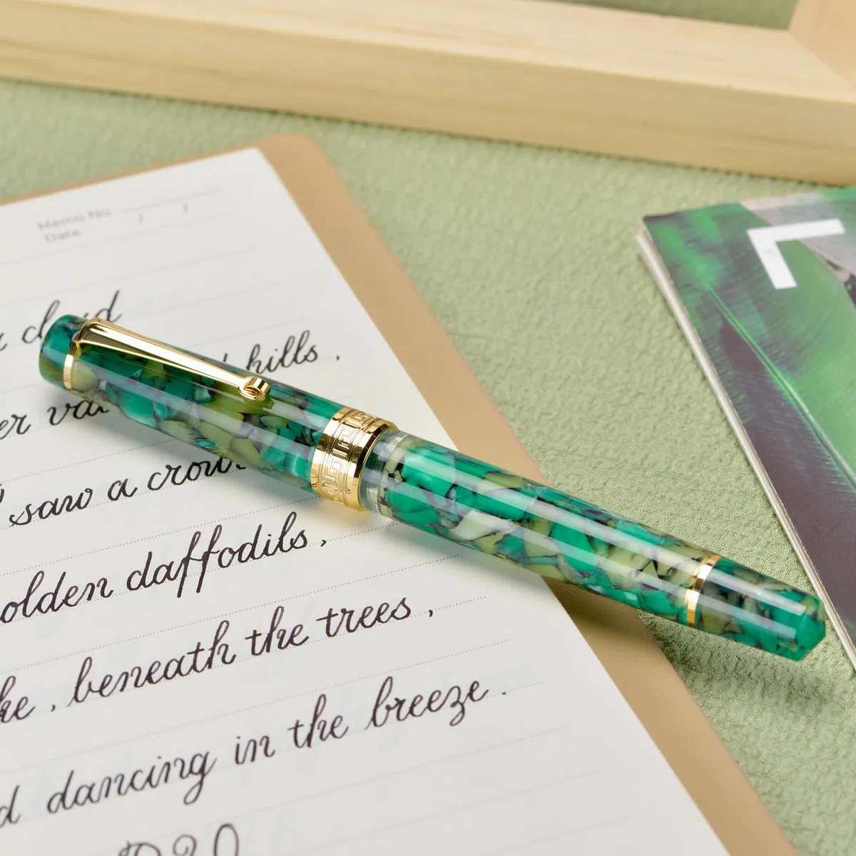 Asvine P20 Piston Pluma estilográfica de punta extrafina, mármol verde, acrílico y borde dorado, colección de escritores suaves con juego de estuche