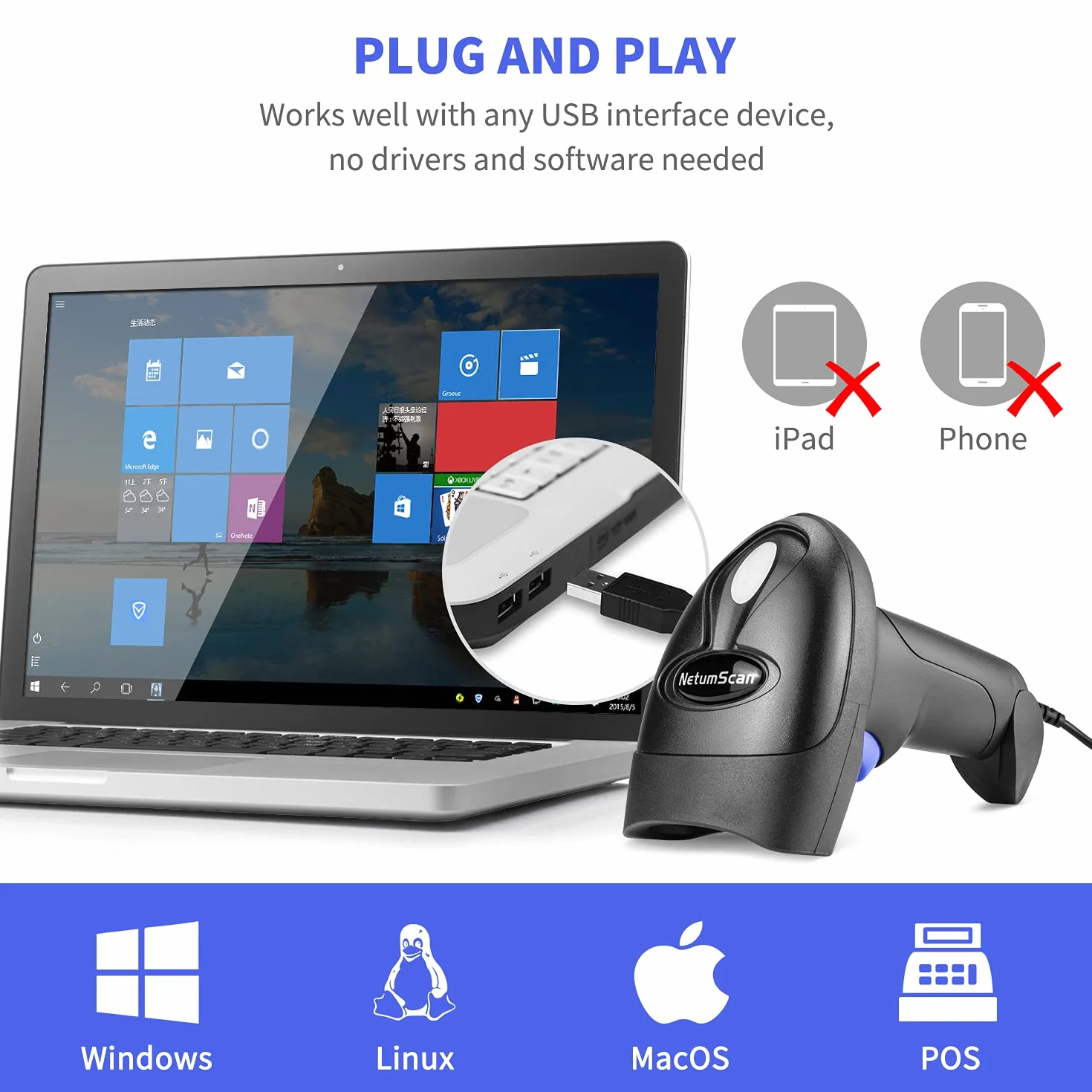 NetumScan - Lector de códigos de Barras CCD inalámbrico. Lector USB automático de códigos de Barras Compatible con PC, Mac, Windows, portátiles y NSL6