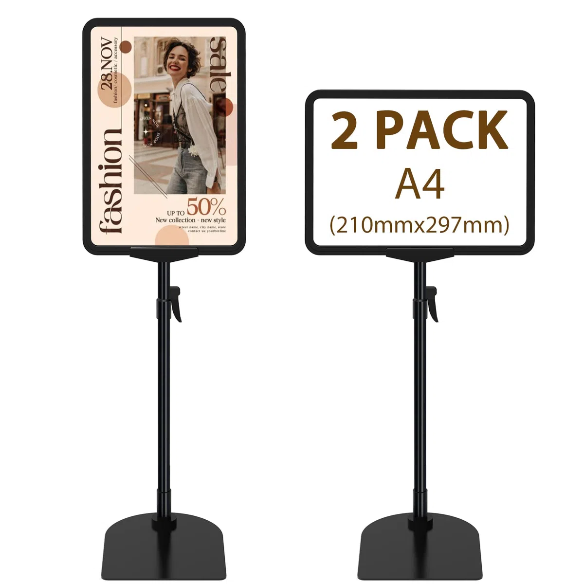 Paquete de 2 soportes ajustables para carteles A4, soporte reutilizable para letreros publicitarios de menús de negocios, soporte de exhibición para vista vertical y horizontal, negro
