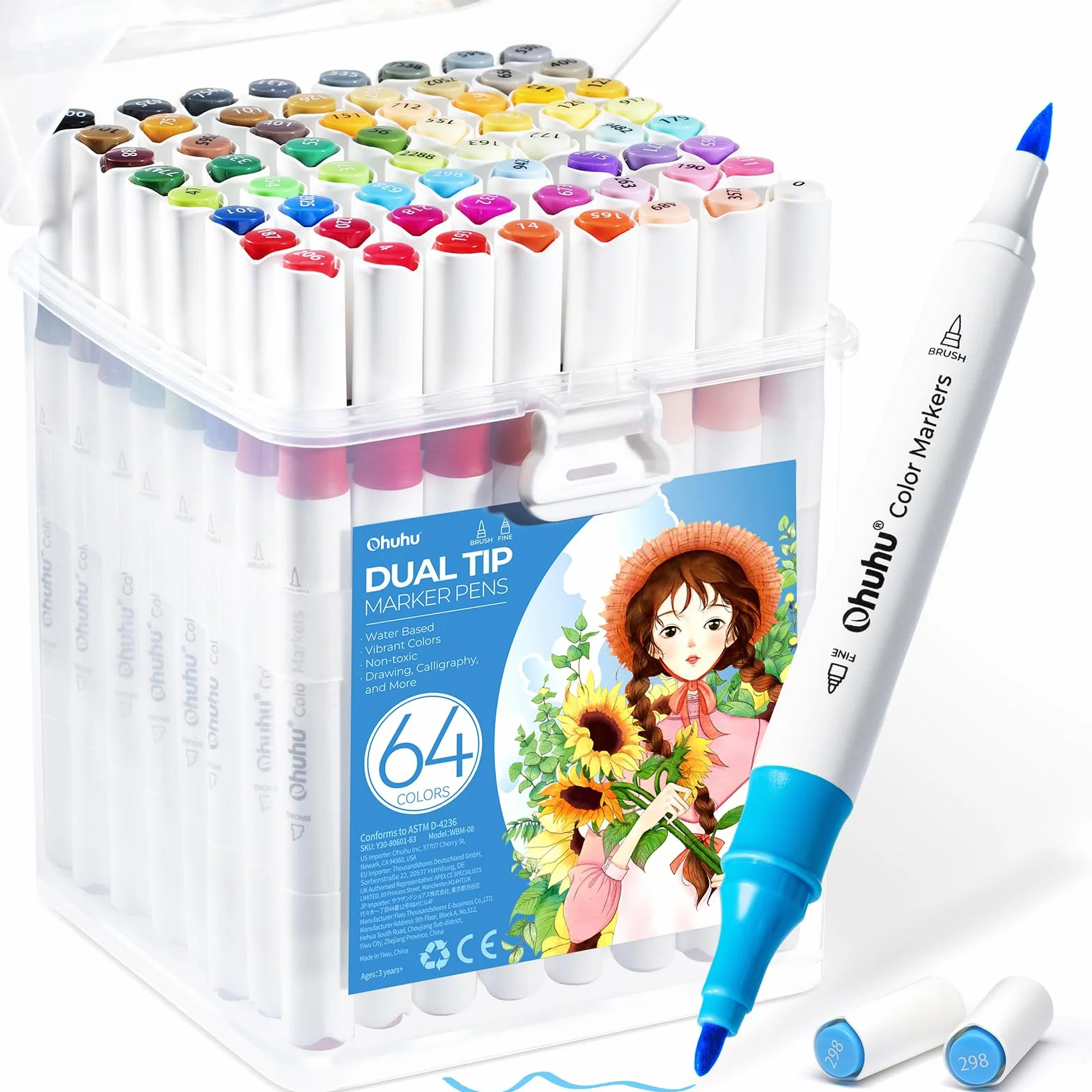 Ohuhu Set de 64 Marcadores de Doble Punta a Base de Agua (Pincel y Fina) - Para Manga, Dibujo y Arte, Incluye 1 Marcador Mezclador y Base de Almacenamiento, Sin Olor y No Tóxicos