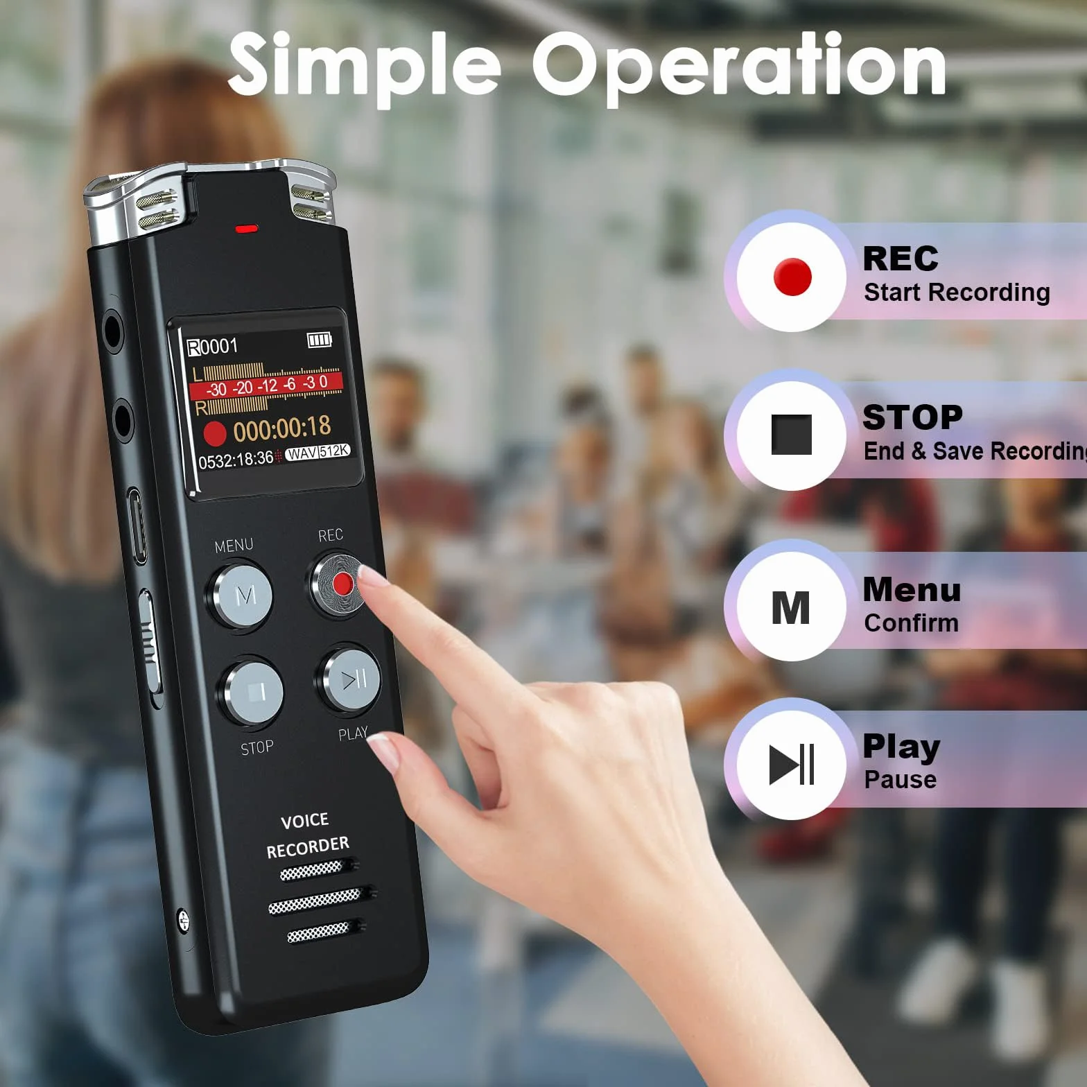 EVISTR Grabadora de Voz Digital 64GB con Activación por Voz y Reproducción MP3
