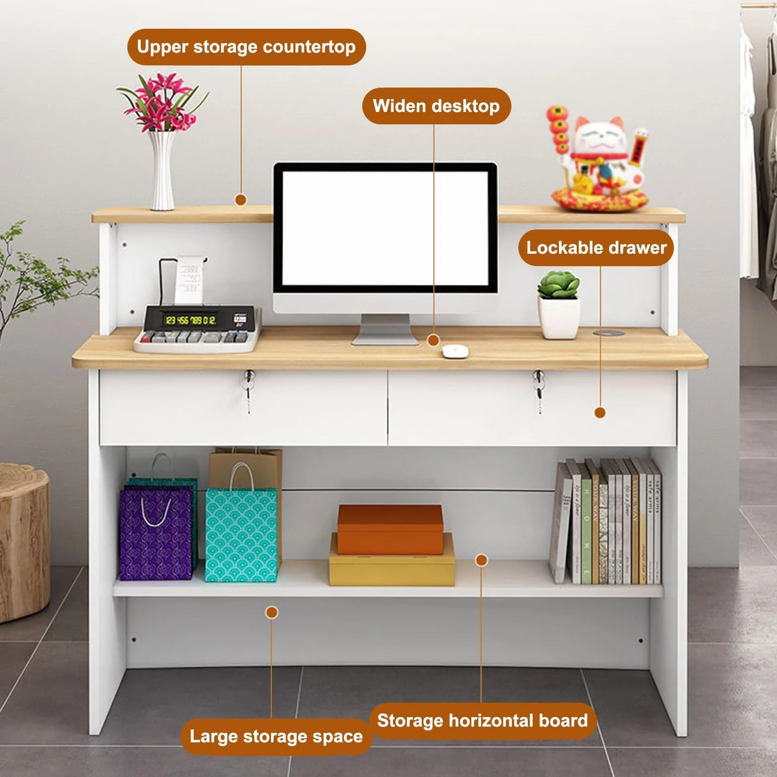 Mostrador de recepción con mostrador, mostrador de recepción con cajones con cerradura, para salón de belleza, supermercado, tienda de conveniencia, tienda de ropa, tienda de té con leche(White+Light