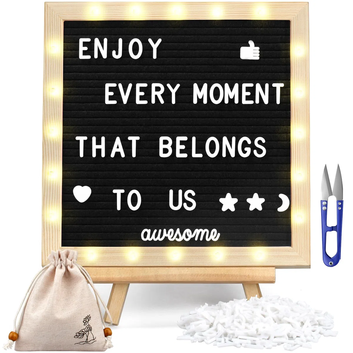 Tablero de Letras de Fieltro Negro (25.4 × 25.4 cm), 340 Letras, LED Soporte Ajustable para Tablón de Mensajes, Menús, Anuncios de Embarazo, Anuncios de BebéS, Bodas y Fiestas, Felt Letter Board
