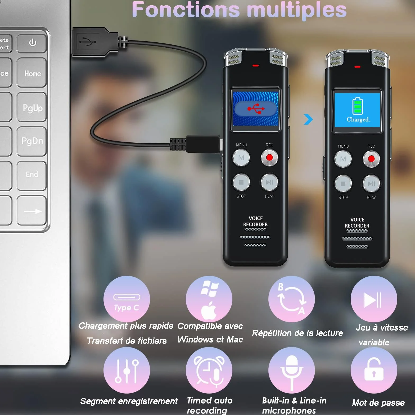 EVISTR Grabadora de Voz Digital 128GB - grabadoro de audio con control de voz y reducción de ruido - grabador dual MIC recargable para conferencias y reuniones