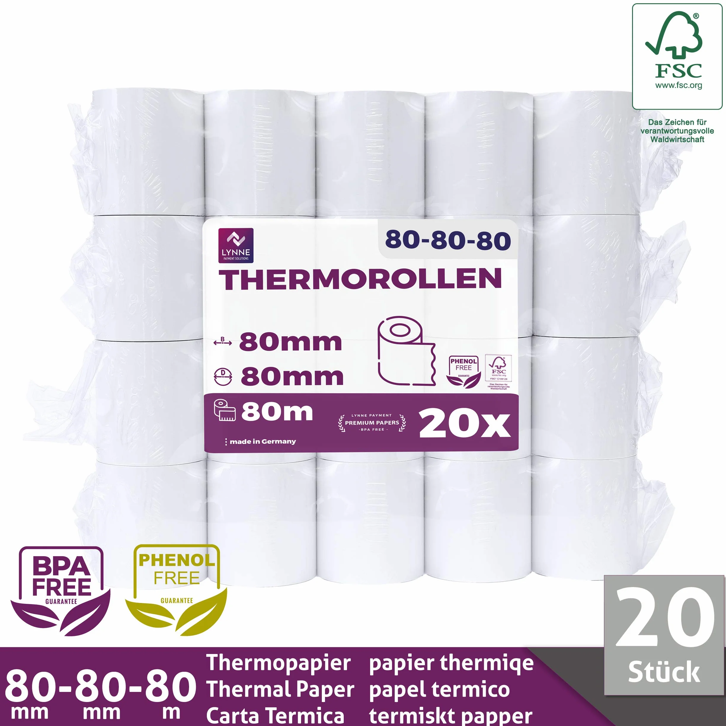 LYNNE - Rollos Papel Termico 80x80 para Impresora de Tickets - Para caja registradora con impresora de recibos - Papel impresora Termica 80x80x12 - Rollo Papel térmico 80mm x 80mm x 80m - [20x]