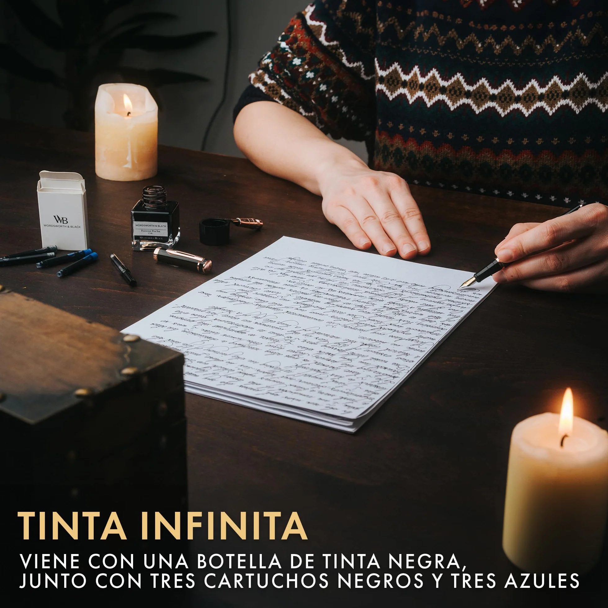 Wordsworth & Black Juego de pluma estilográfica, plumines medio y extrafino chapados en oro de 18K,botella negra de 25ML,6 cartuchos de tinta,convertidor de recarga,escritura suave [Negro y Oro Rosa]