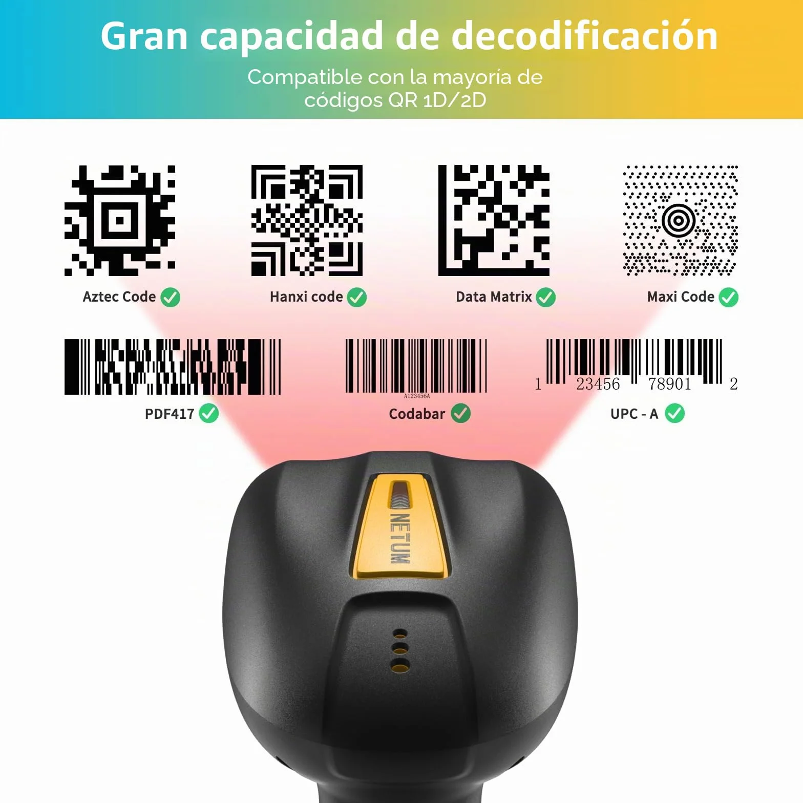 NETUM Escáner De Códigos De Barras Industrial Bluetooth QR Actualizado Con Base De Carga, Lector Inalámbrico 2D 1D 2600mAh Resistente A Caídas Polvo Manos Libres Para Windows Mac Android iOS (NT-1200)