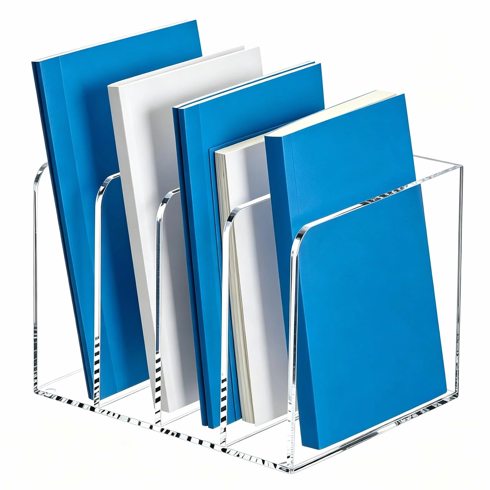 Revistero de acrílico, partición transparente, soporte para libros y organización de oficina y almacenamiento, documentos, libros, tabletas, cartas, organizador antideslizante (4 compartimentos)