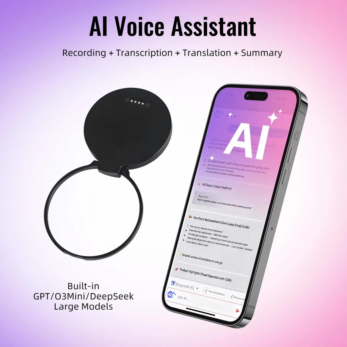 Grabadora de voz IA, grabadora de voz de 64 GB con soporte magnético, transcripción, mapa mental y resumen a través de la aplicación, compatible con 189 idiomas, grabadora digital portátil para
