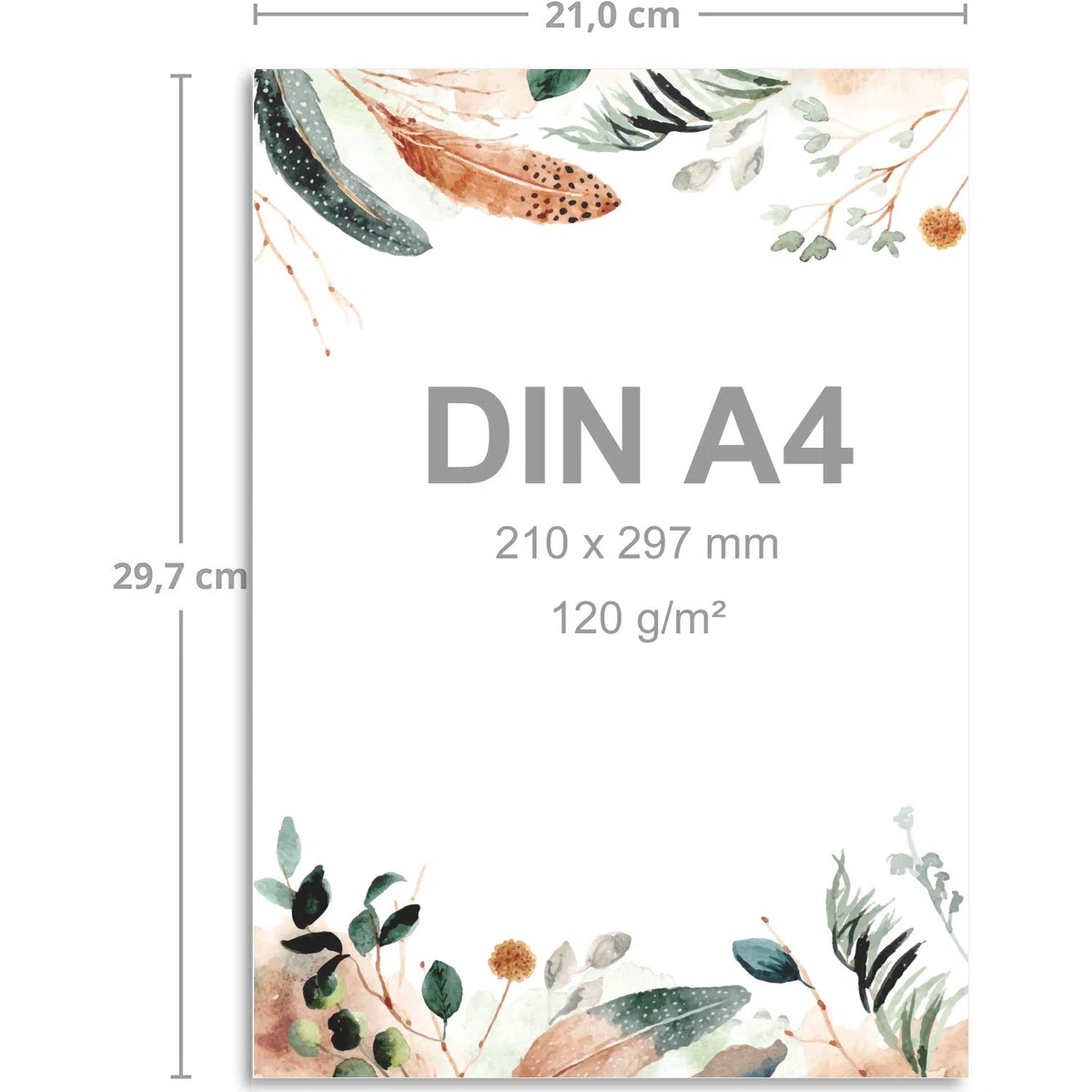 200 juegos de cartas DIN A4 - papel natural en popurrí natural crema con plumas y ramas - con sobres DIN largo en papel kraft gris / verde papelería imprimible ideal para invitaciones de boda