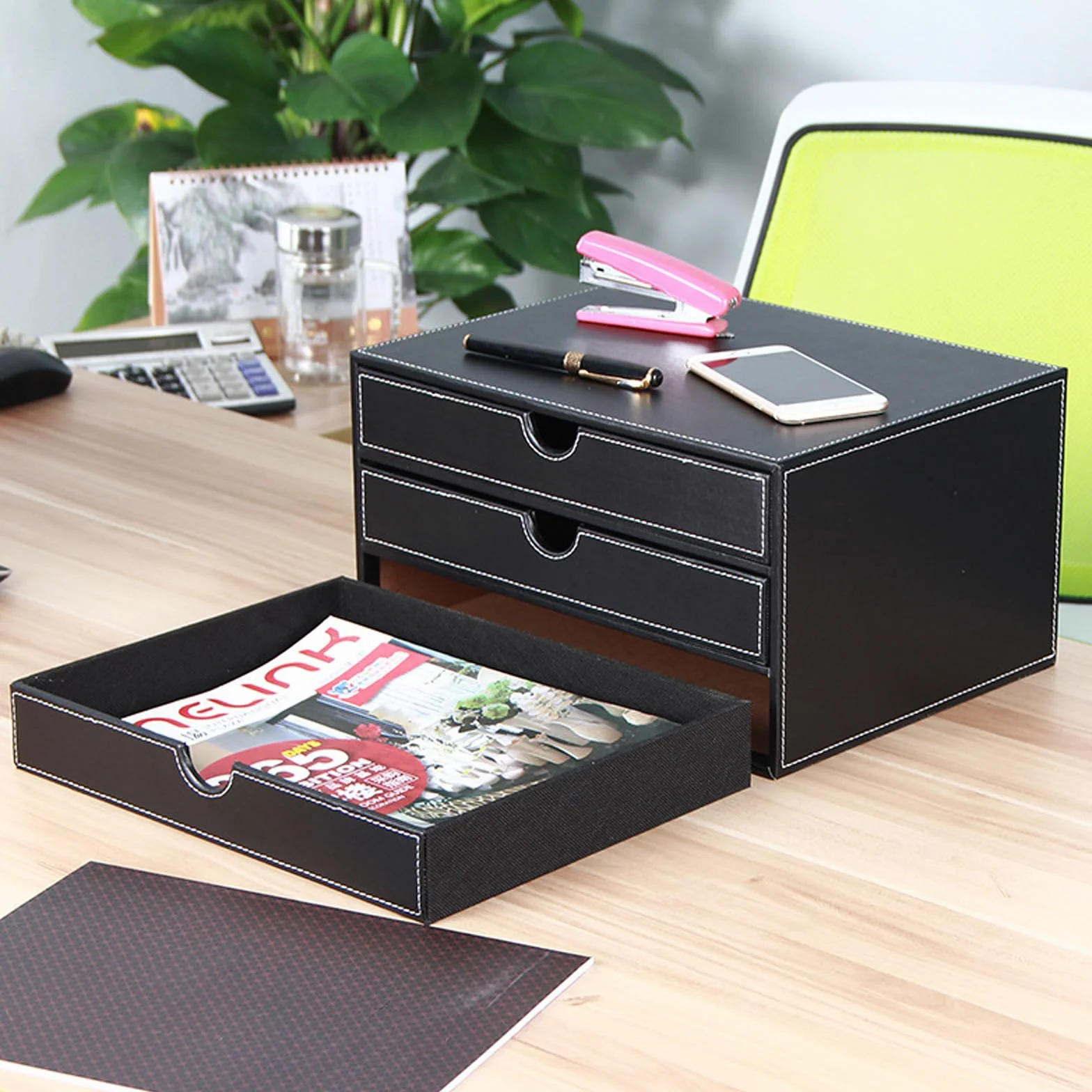 Caja de escritorio de piel con 3 cajones A4, organizador de oficina