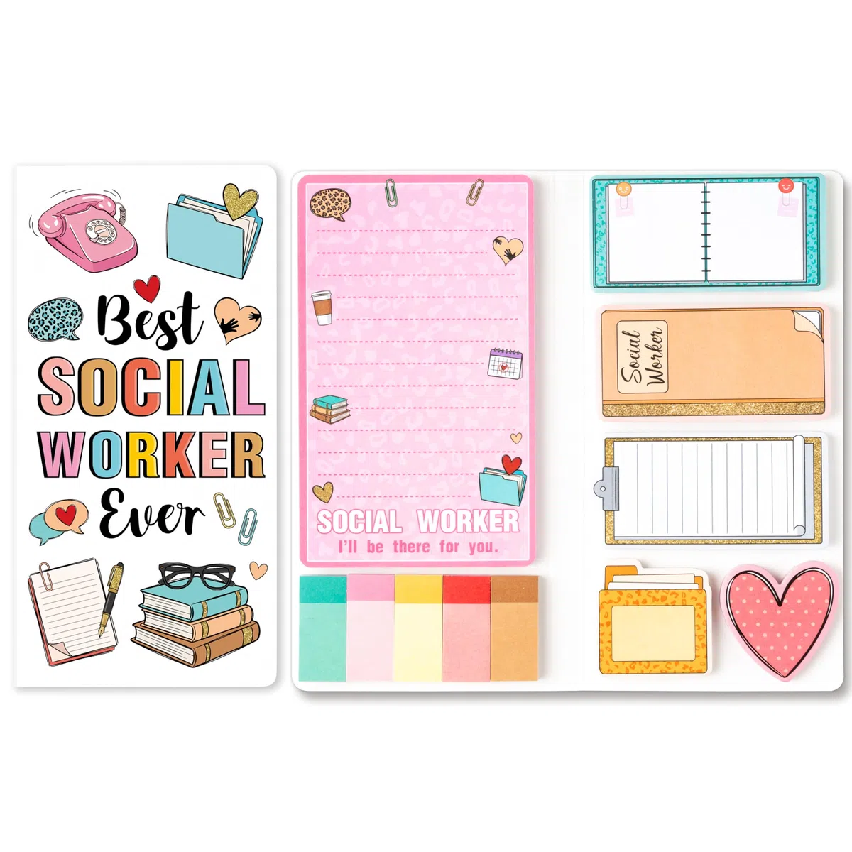 Xqumoi Juego de notas adhesivas para trabajadores sociales, 550 hojas de bloc de notas autoadhesivas con texto en inglés "Best Social Worker Ever" I'll Be There for You, pestañas divisoras, regalos de