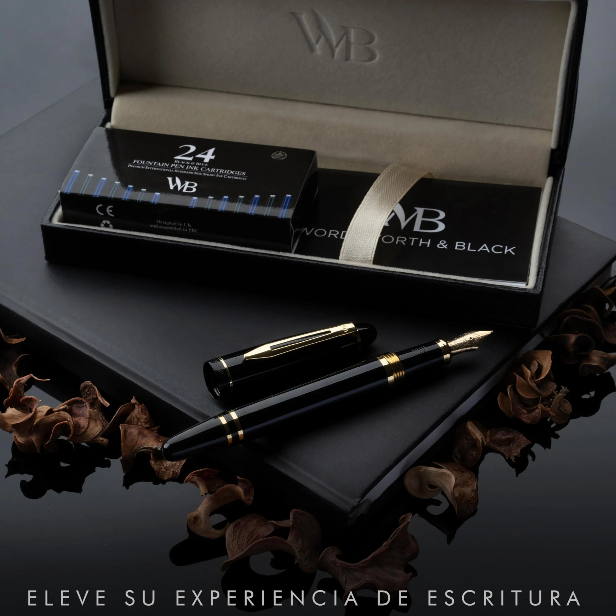 Wordsworth & Black Juego de pluma estilográfica Majesti (oro negro) de punta media con estuche de regalo, 24 cartuchos de tinta, convertidor de recarga de tinta, estuche de regalo, caligrafía