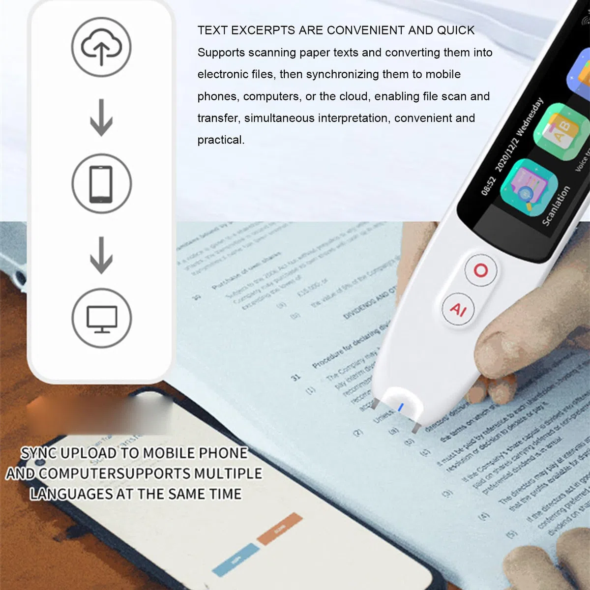 Bolígrafo de Traducción, Bluetooth WiFi sin Conexión, Bolígrafo de Lectura de Escaneo en Línea, de Escaneo con ROM de 8 GB Diccionario Incorporado de Texto a Voz para Niños y Adultos con