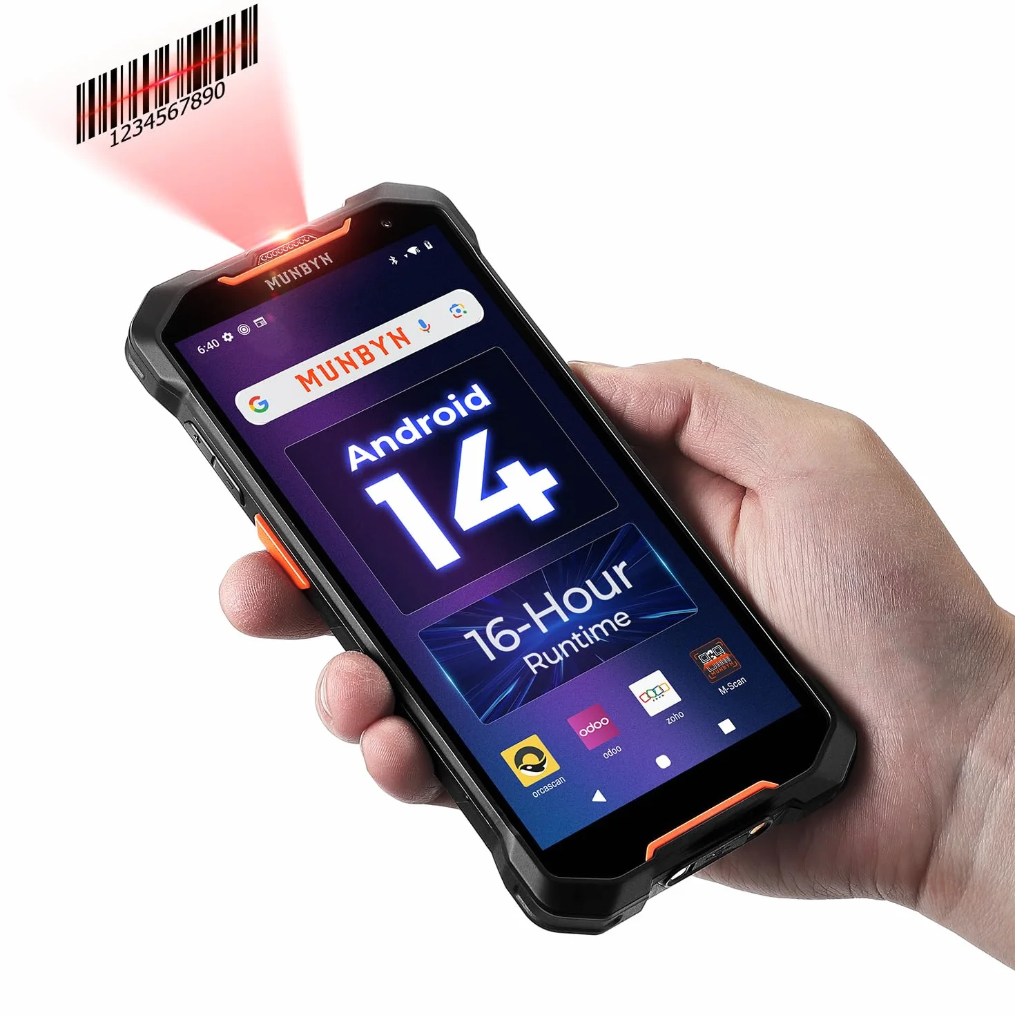 MUNBYN 2026 Nuevo Escáner de Código de Barras Android 14 Actualizable a 18, PDA Móvil 4GB + 128GB, Escáner Zebra SE4710 1D/2D/QR, Carga Rápida, Resistente a Caídas de 2m, AS01