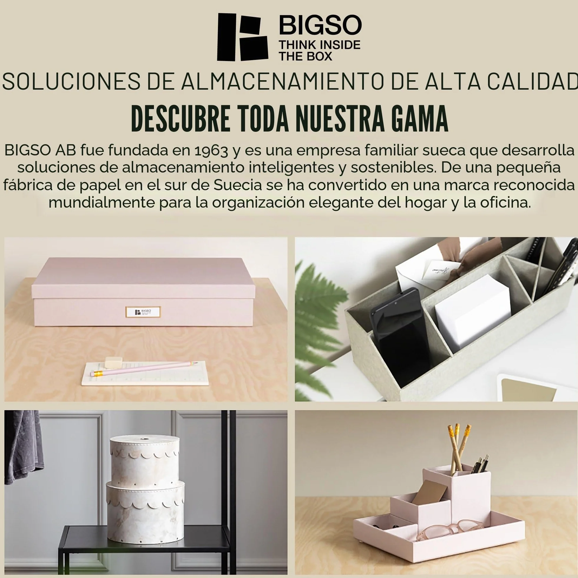 Bigso Box of Sweden Caja archivadora con tapa – Elegante organizador de documentos con 8 carpetas colgantes – Caja clasificadora de tablero de fibras y papel con elegante aspecto de lino – beige