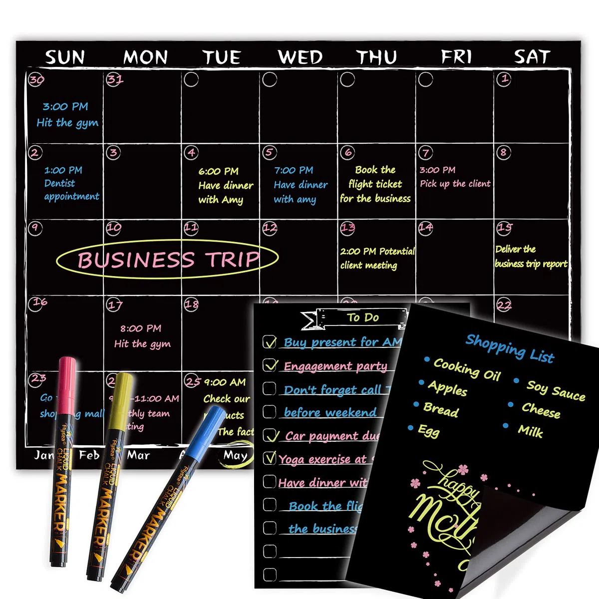 Calendario mensual de pizarra magnética con marcadores de tiza líquida brillante neón – Tablero de planificación mensual para refrigerador negro con bono – Lista de comestibles y bloc de notas para